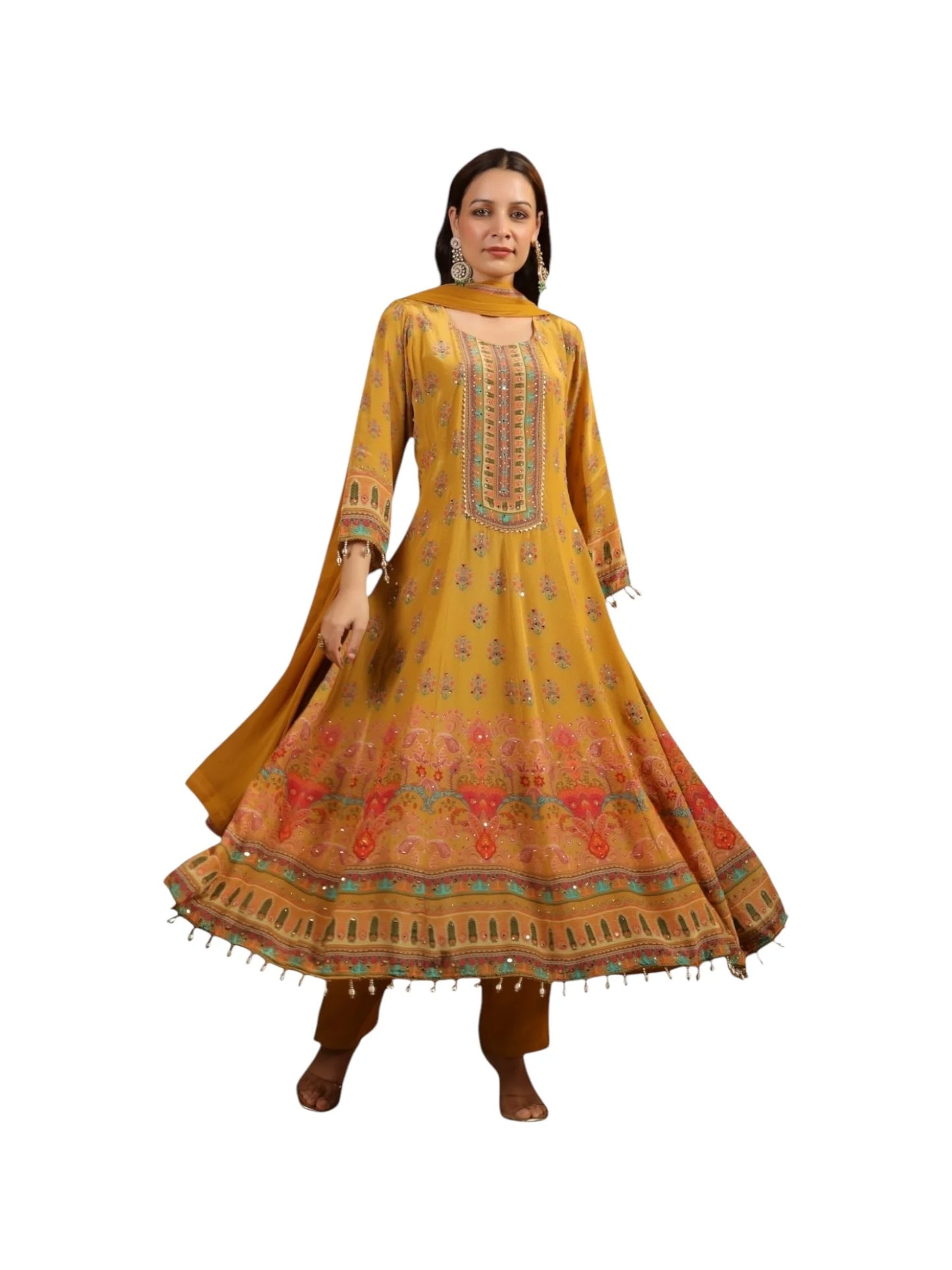Yellow Crepe Kurta Set with Chinnon Dupatta