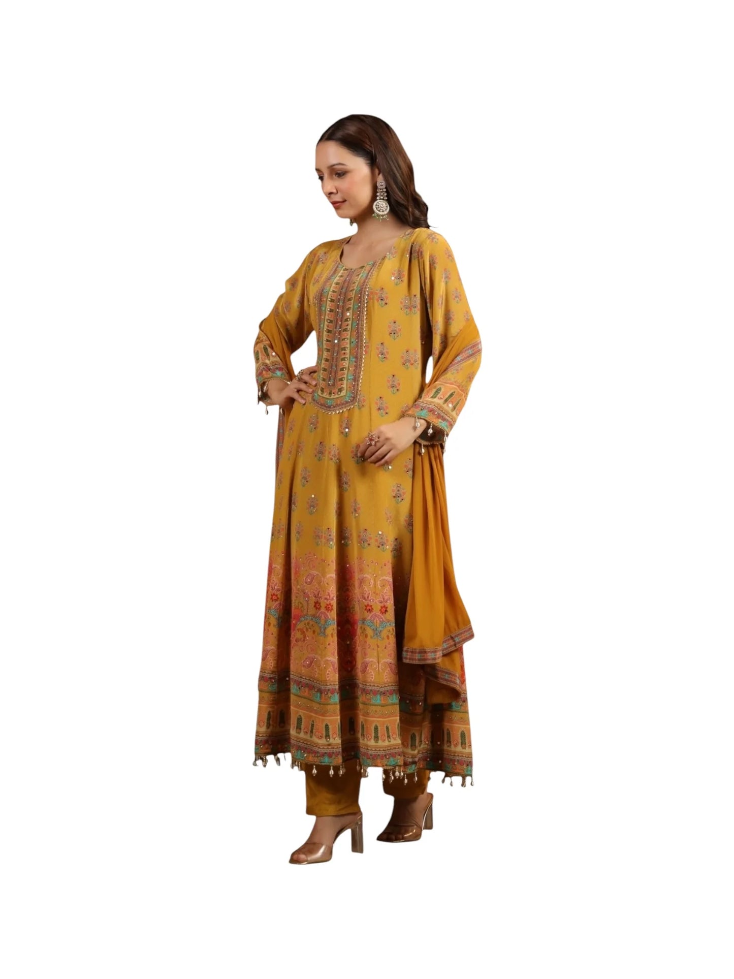 Yellow Crepe Kurta Set with Chinnon Dupatta