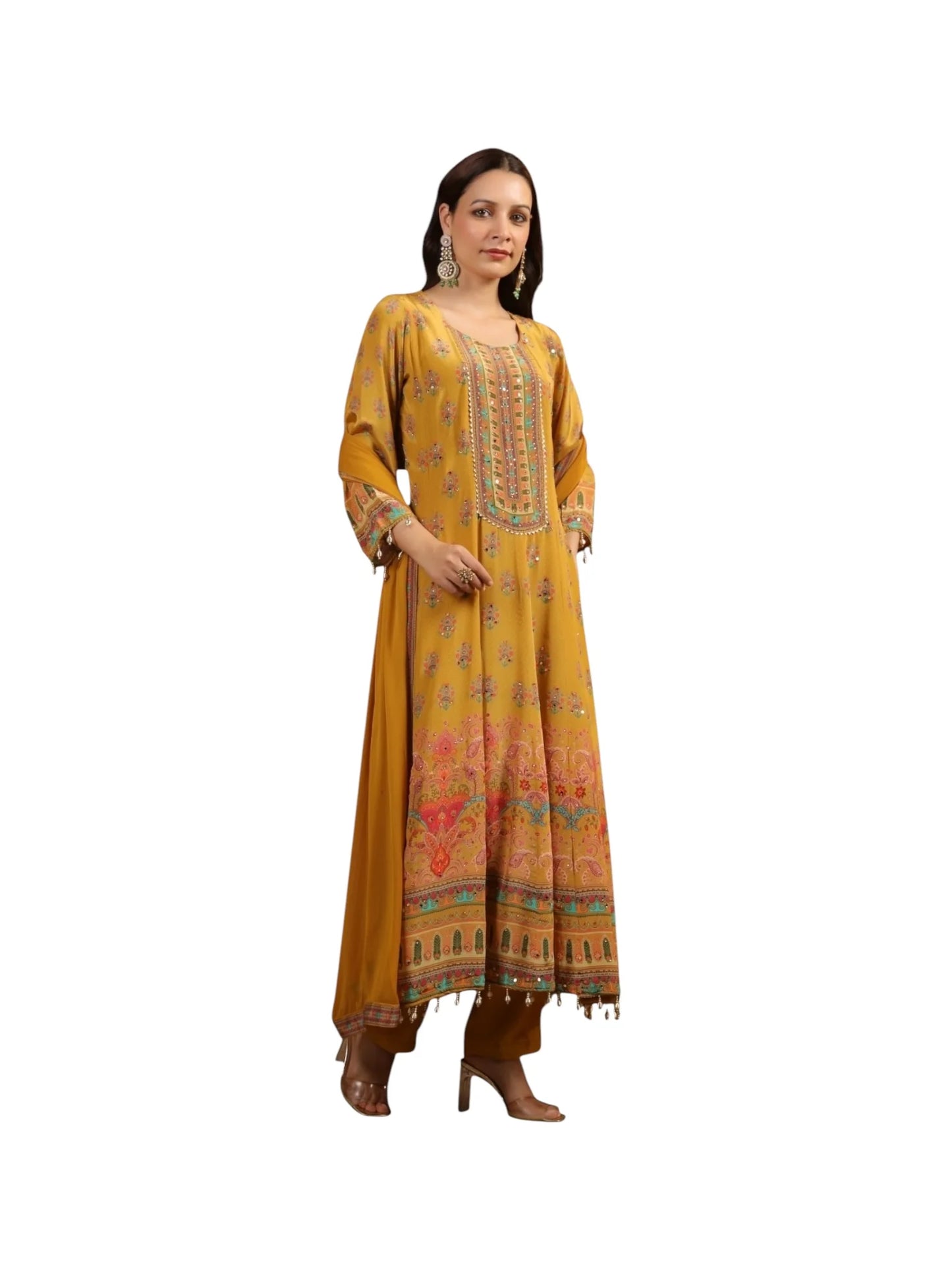 Yellow Crepe Kurta Set with Chinnon Dupatta