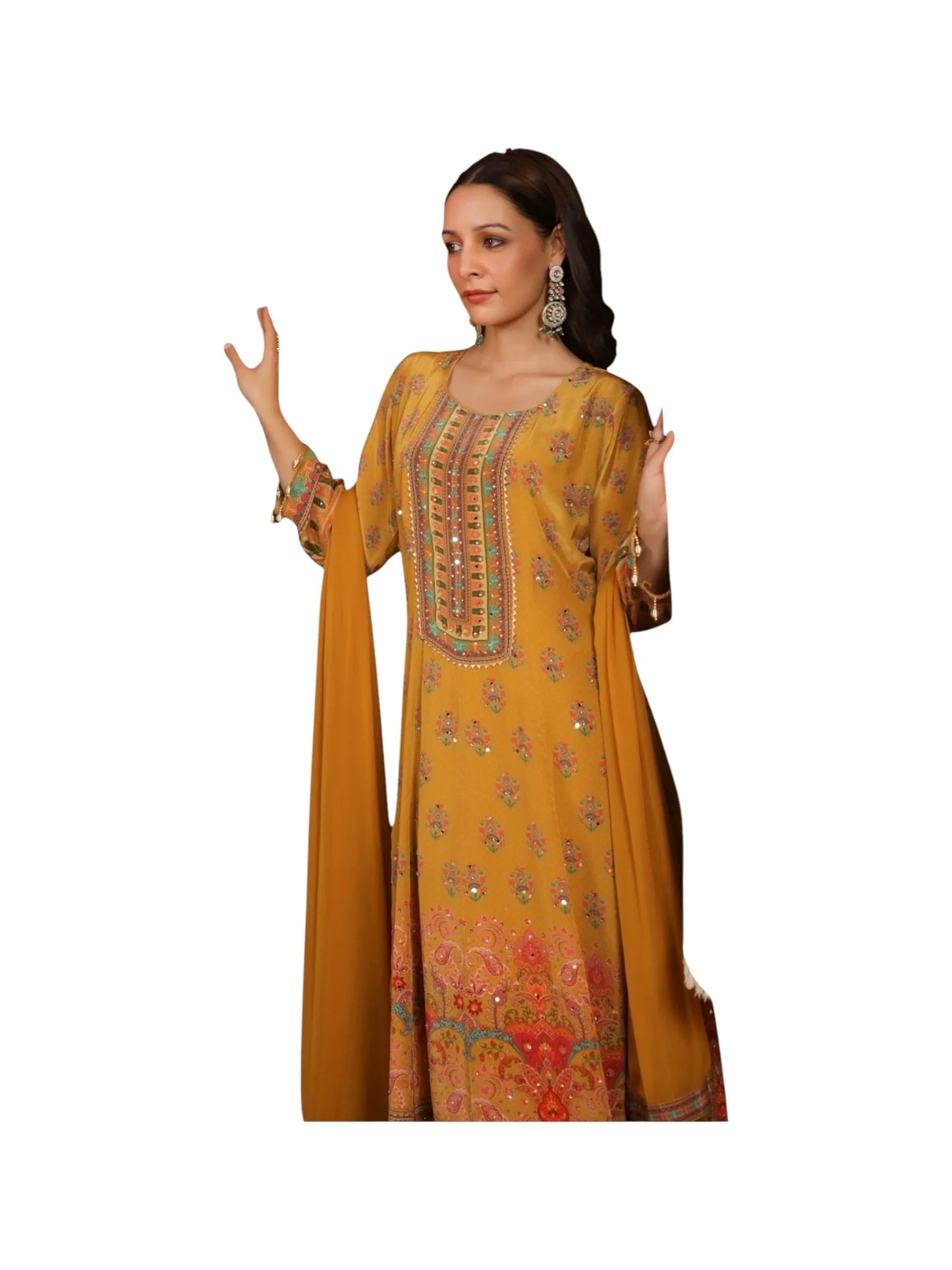 Yellow Crepe Kurta Set with Chinnon Dupatta