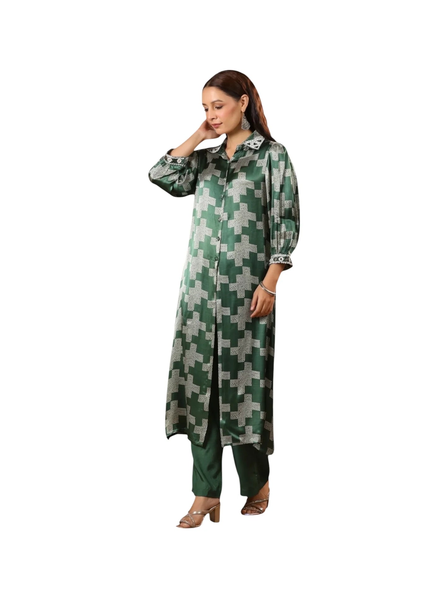 Green Satin Silk Kurta Set