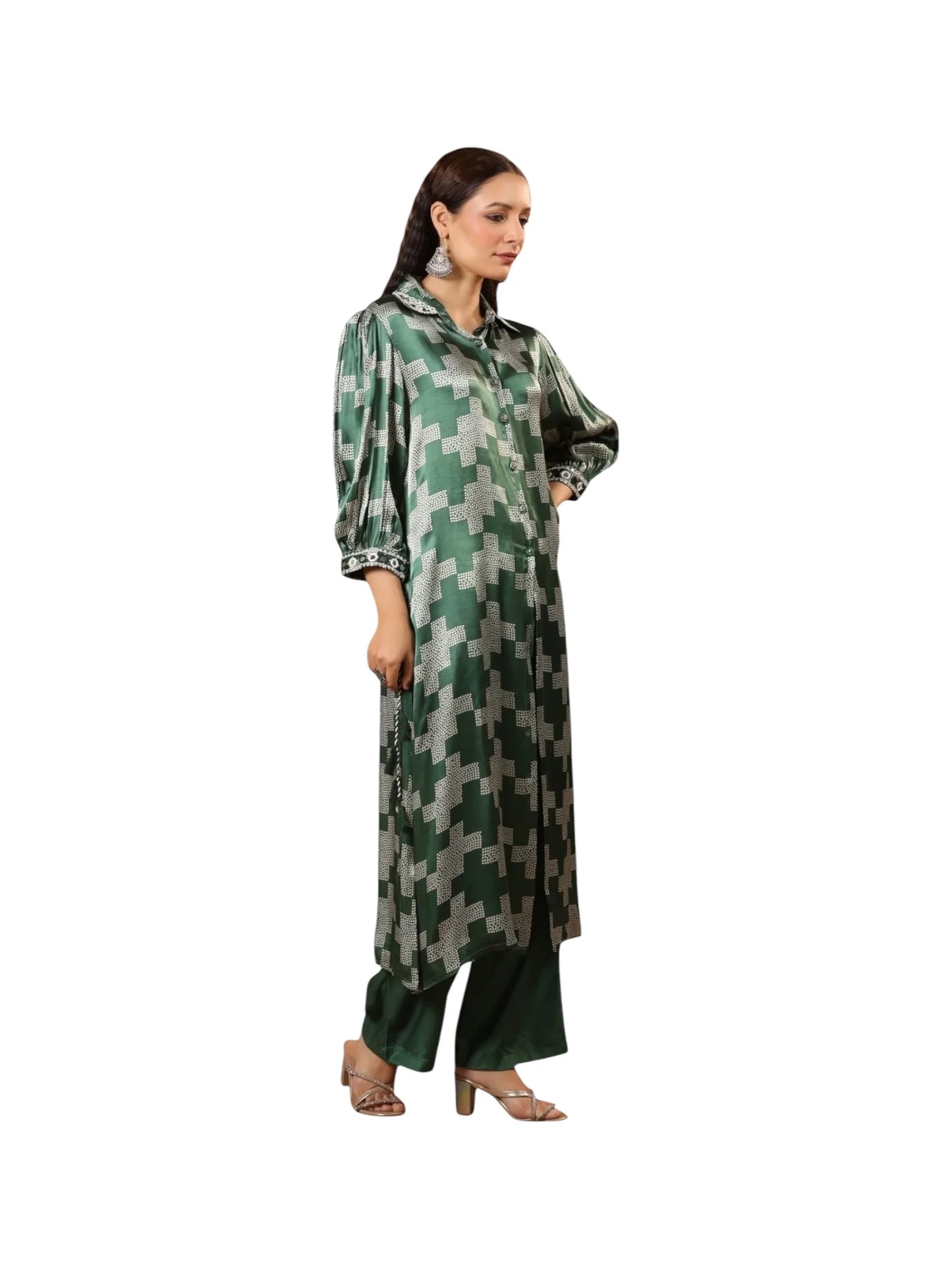 Green Satin Silk Kurta Set