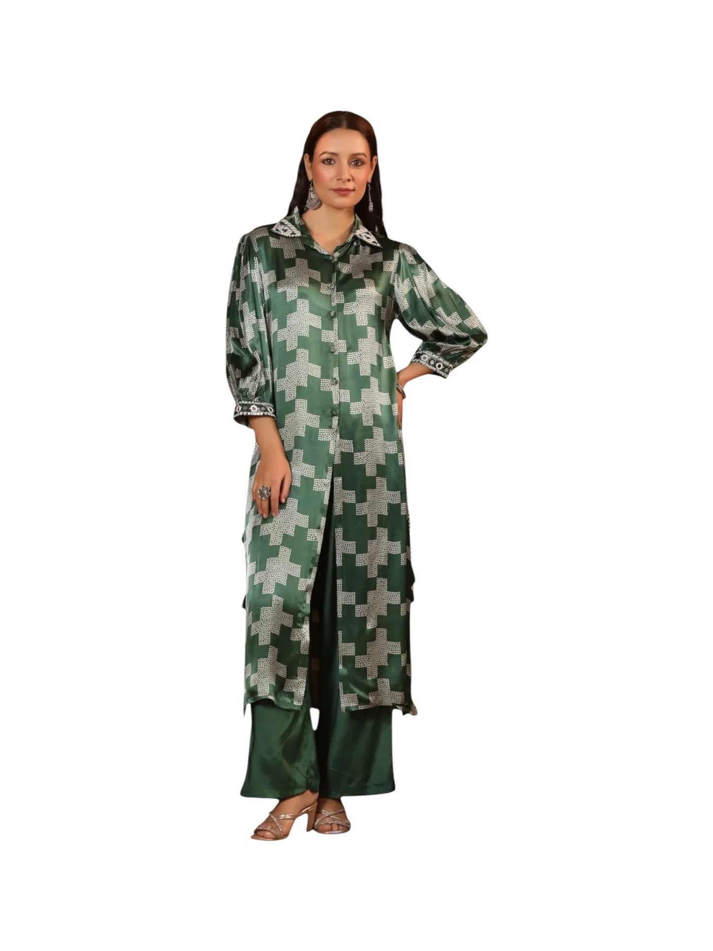 Green Satin Silk Kurta Set