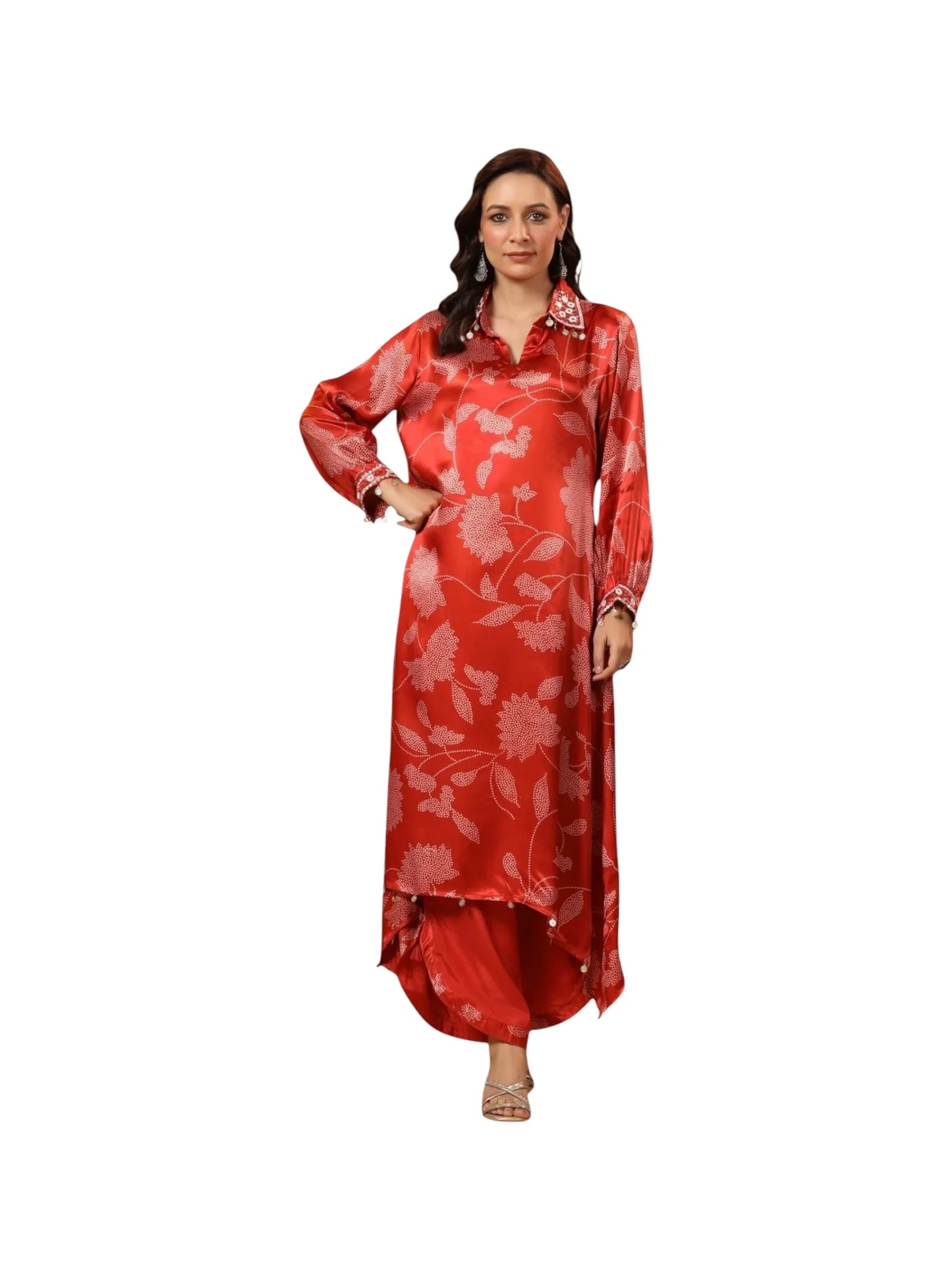 Red Satin Silk Kurta Set