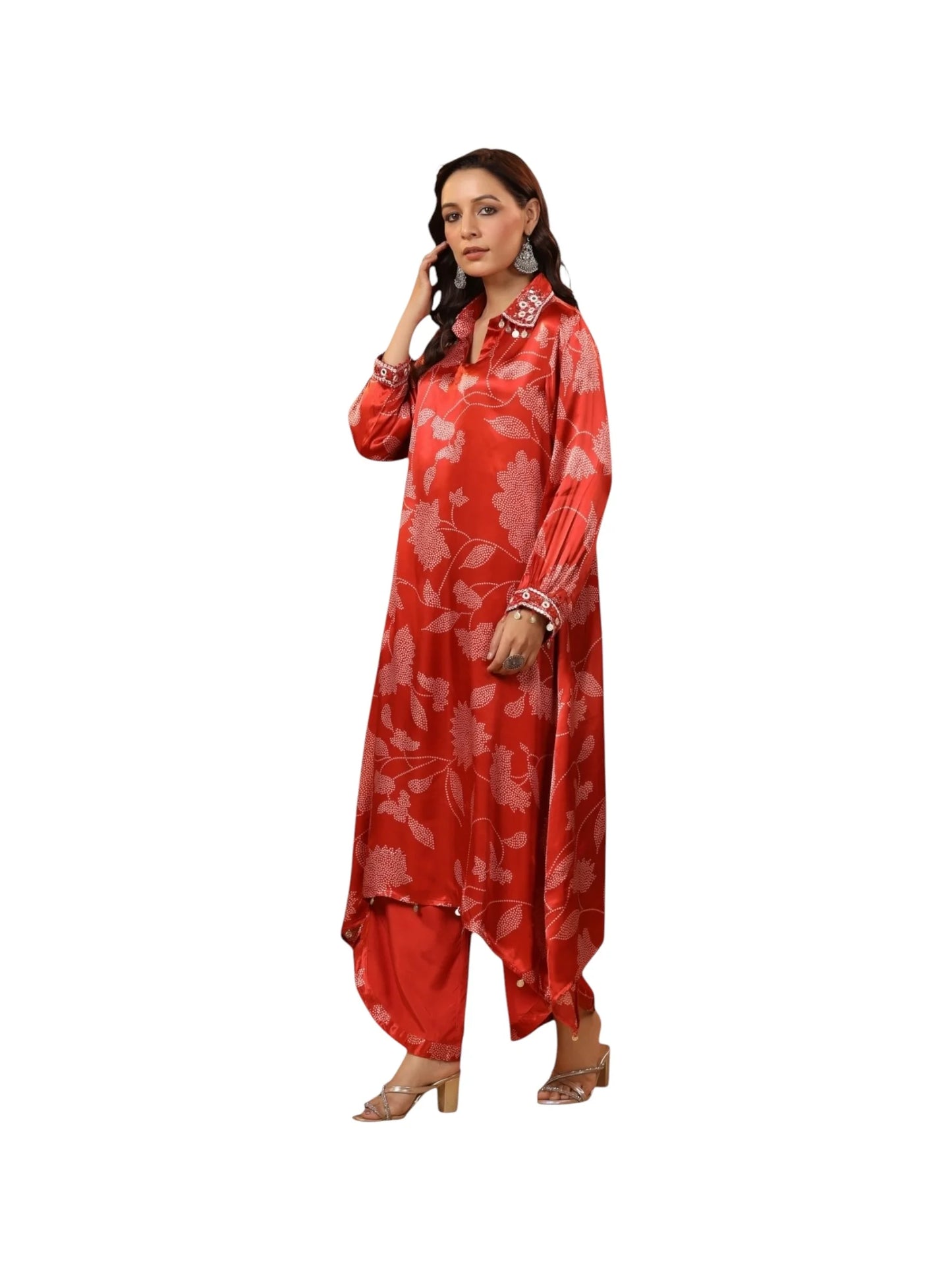 Red Satin Silk Kurta Set
