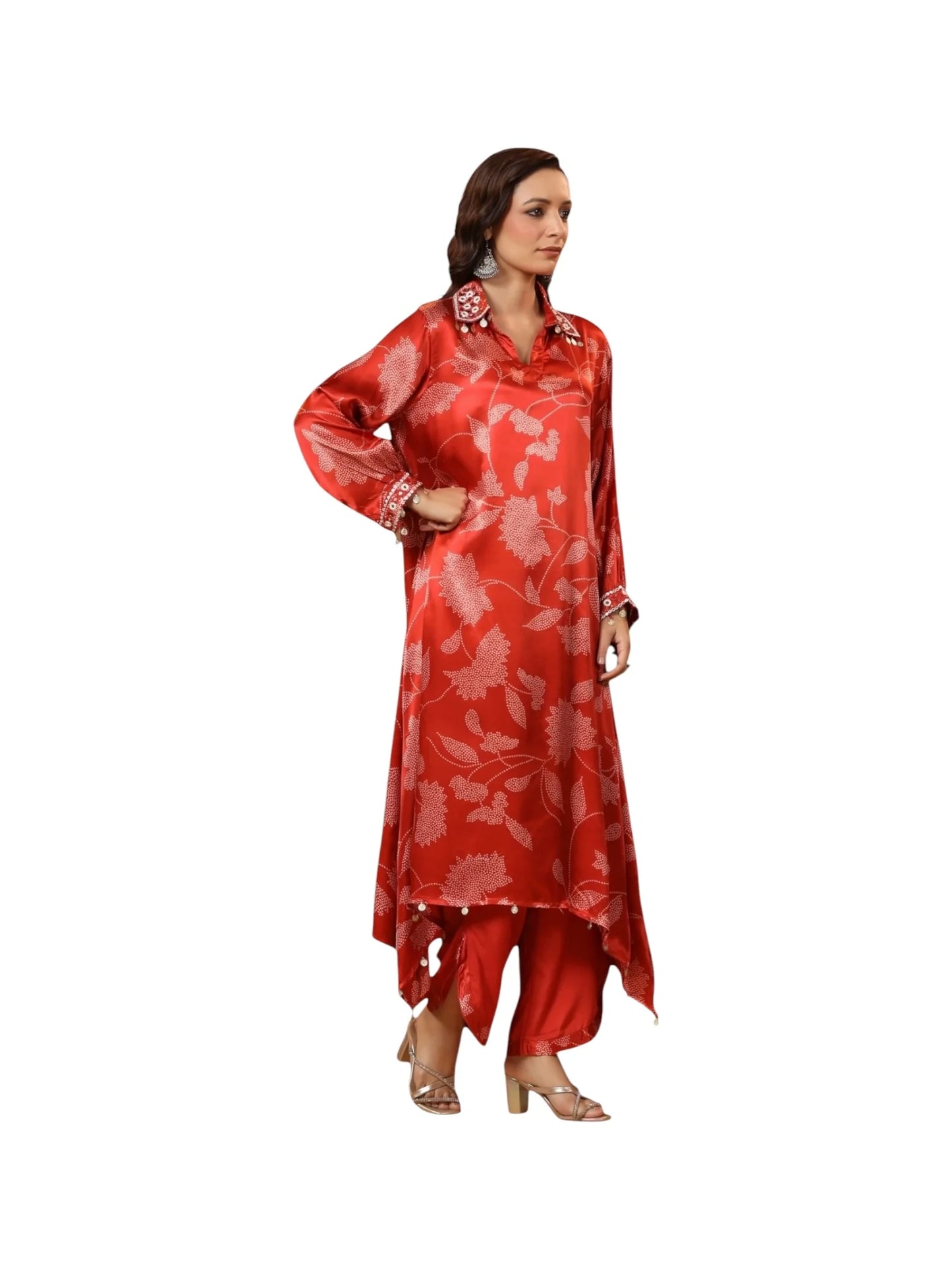 Red Satin Silk Kurta Set