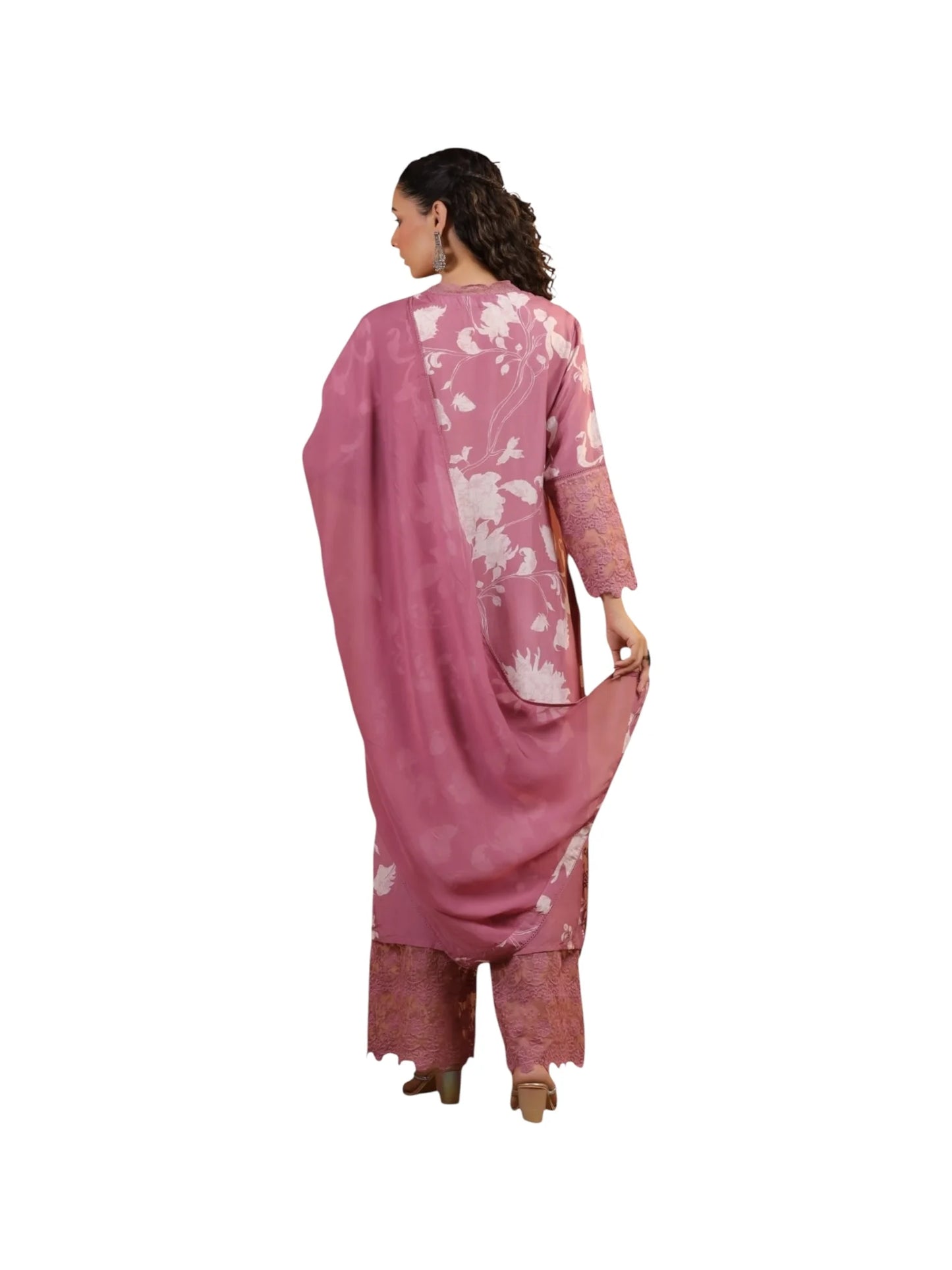 Pink Satin Printed Silk Kurta Set