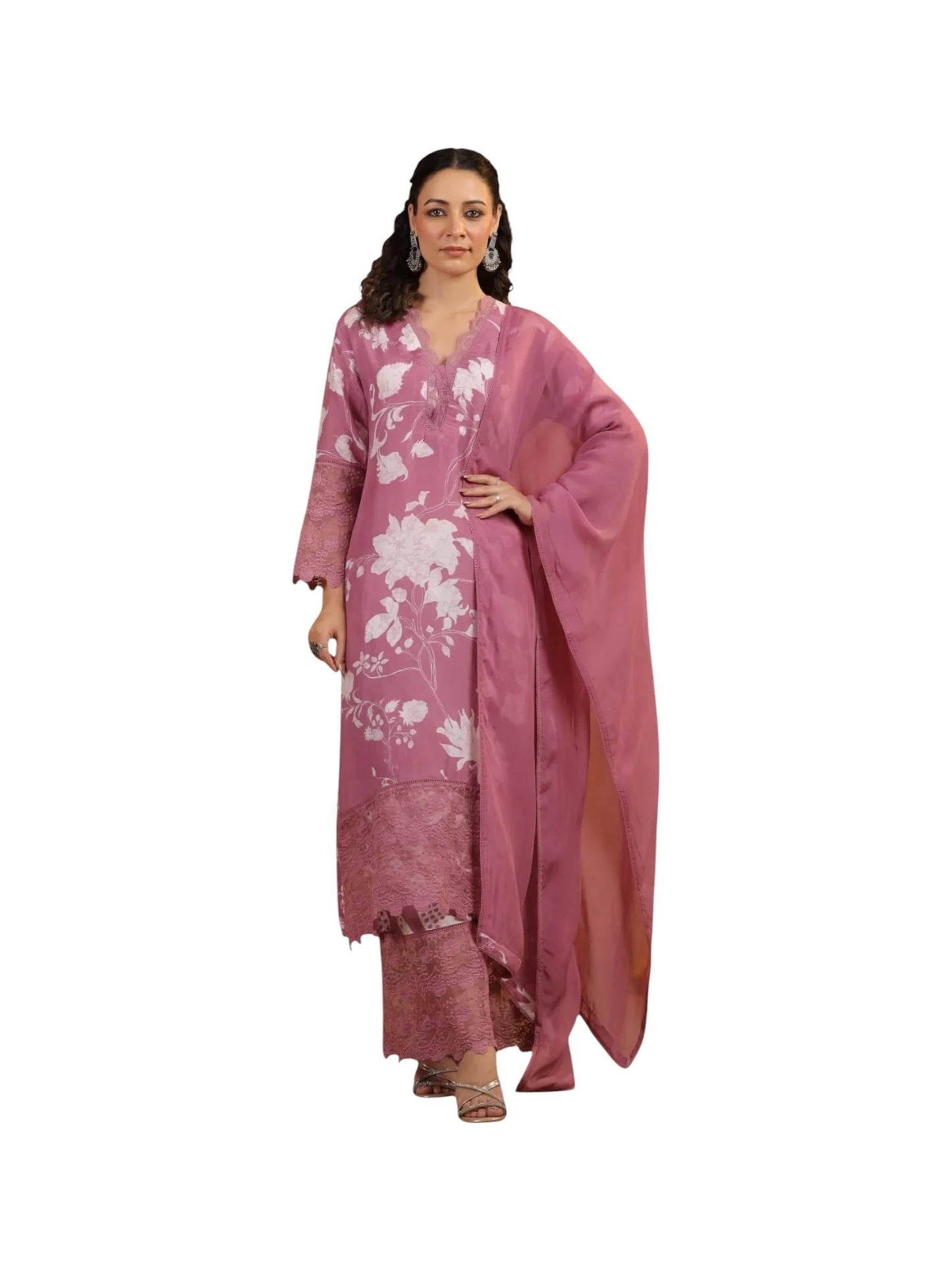 Pink Satin Printed Silk Kurta Set