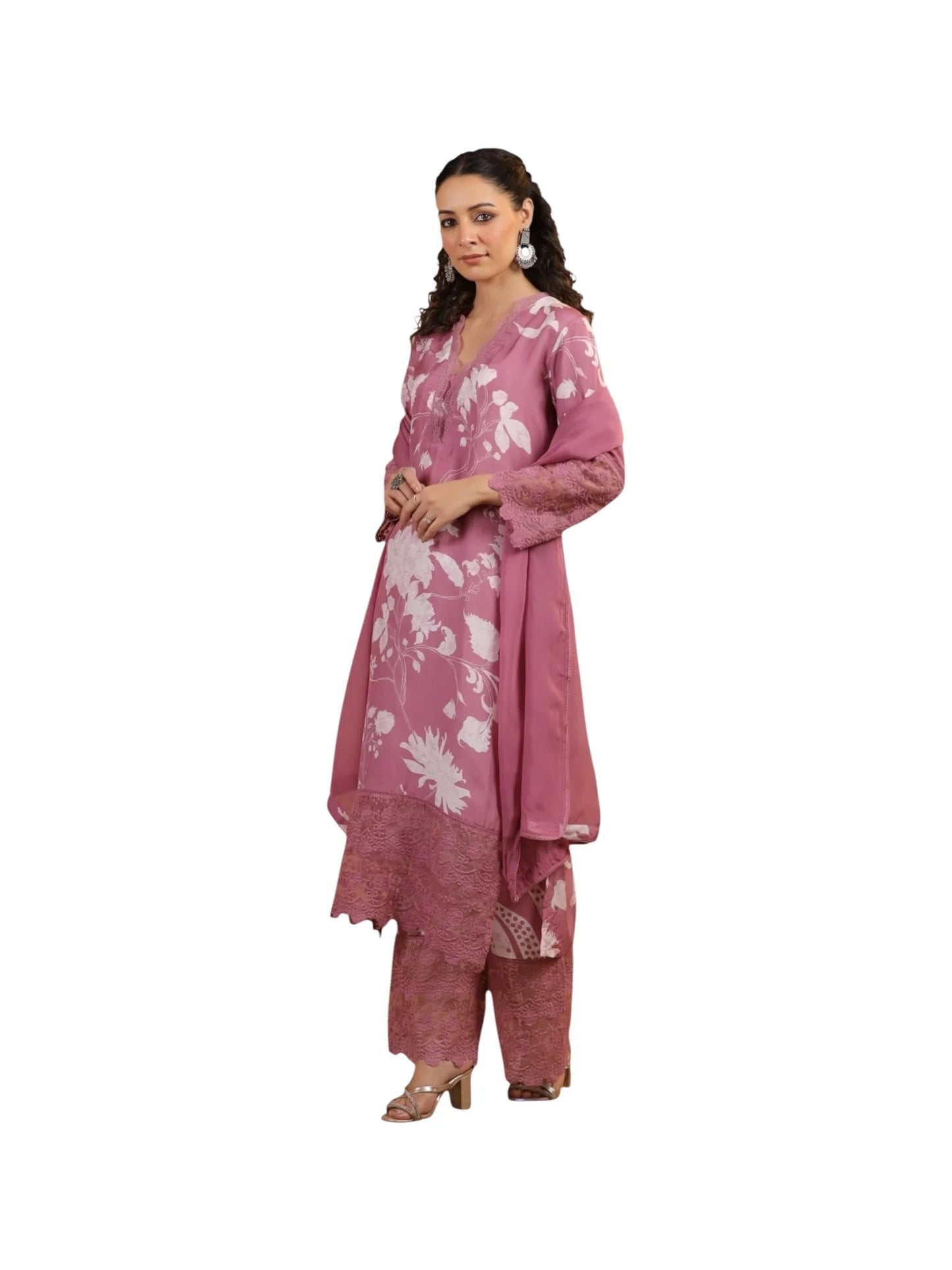 Pink Satin Printed Silk Kurta Set