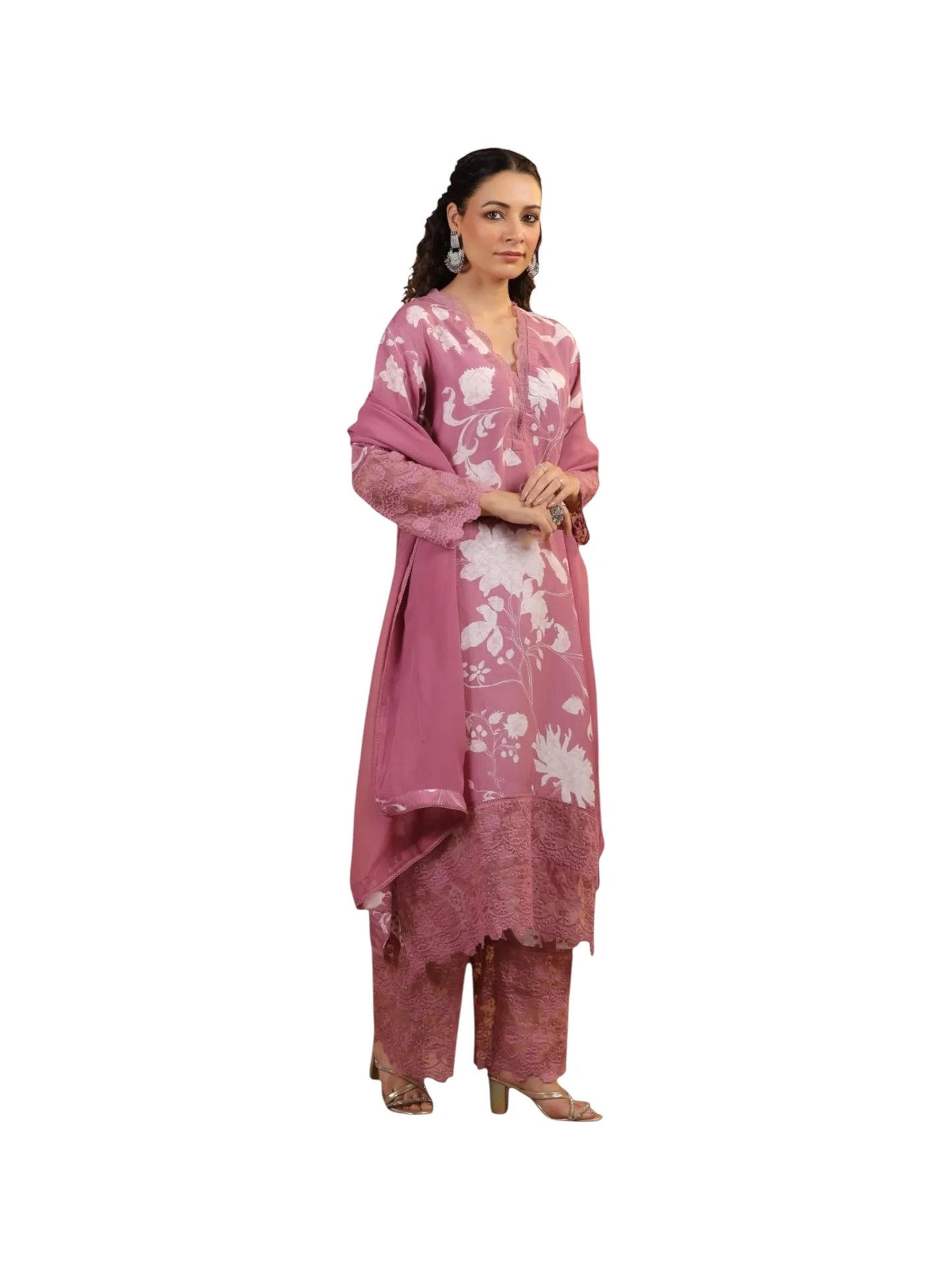 Pink Satin Printed Silk Kurta Set