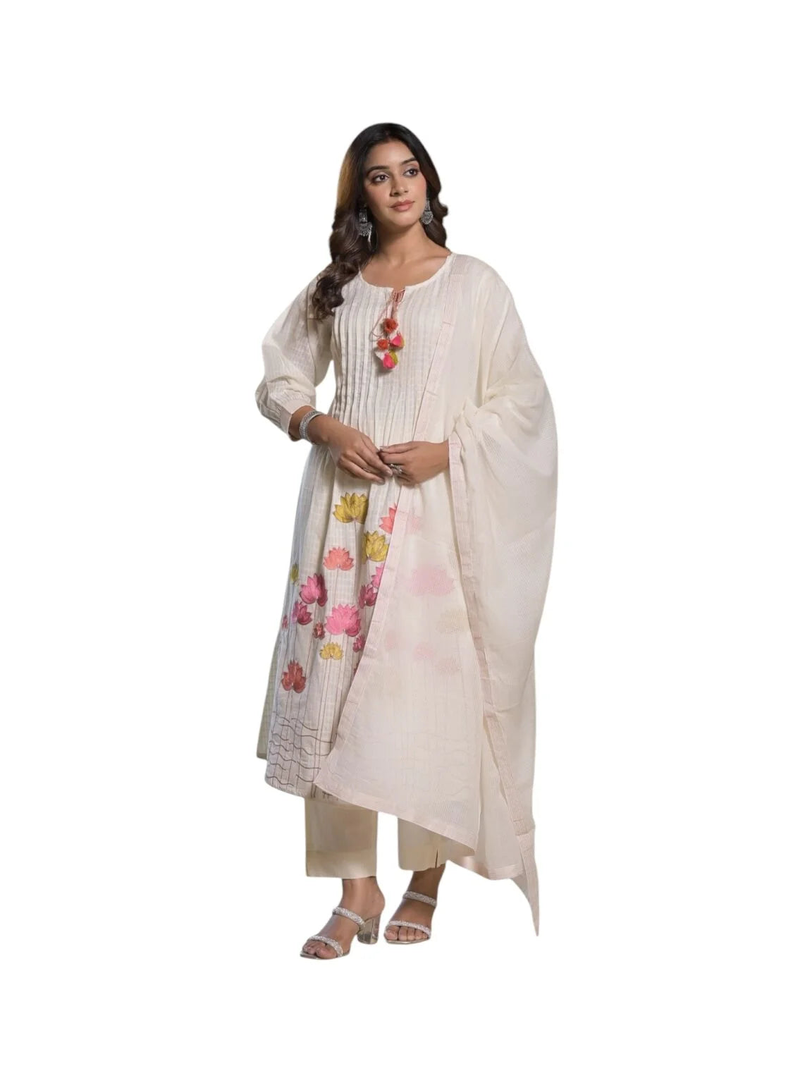 White Cotton Kurta Set with Thread Work & Pearl Detailing