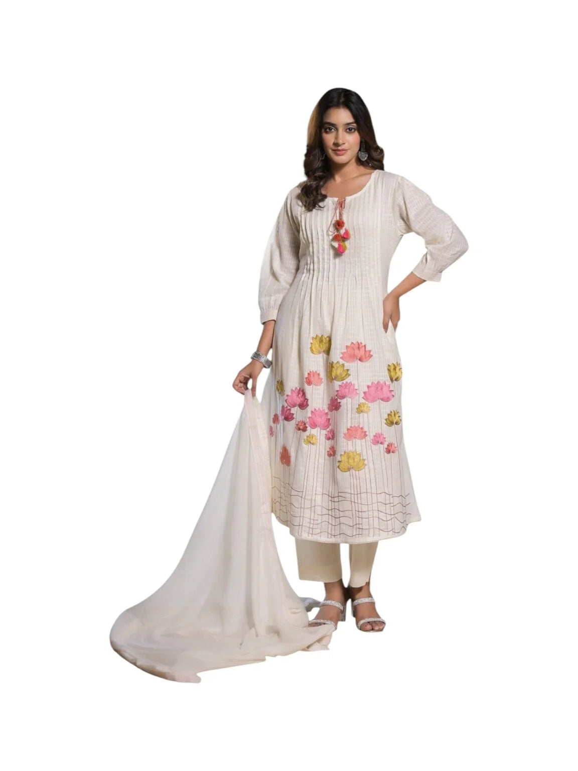 A woman in a white, floral-printed kurta with pink and yellow flowers holding a matching dupatta
