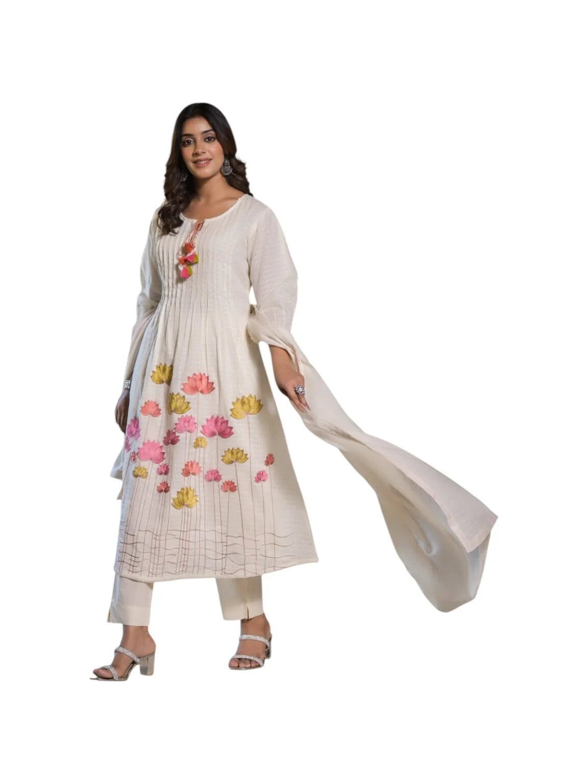 White Cotton Kurta Set with Thread Work & Pearl Detailing