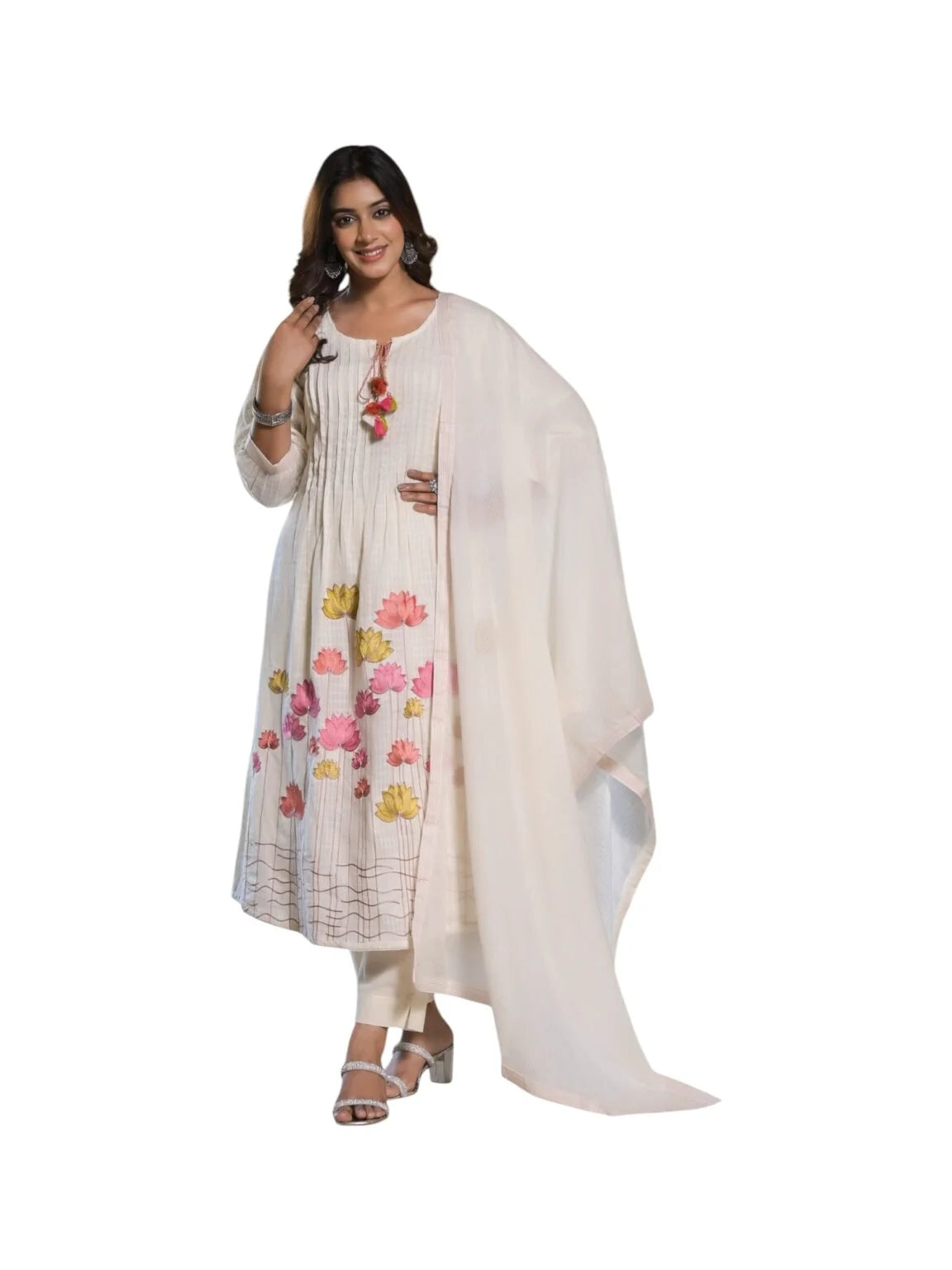 White Cotton Kurta Set with Thread Work & Pearl Detailing
