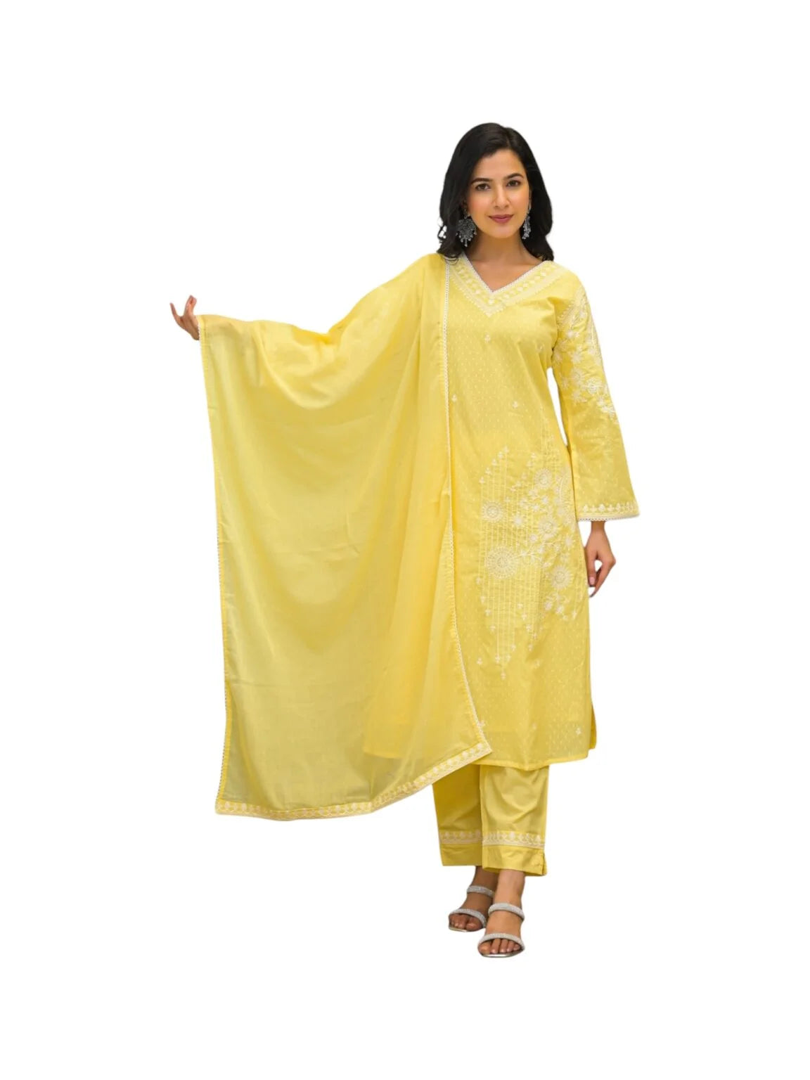 Yellow Cotton Kurta Set with Elegant Threadwork