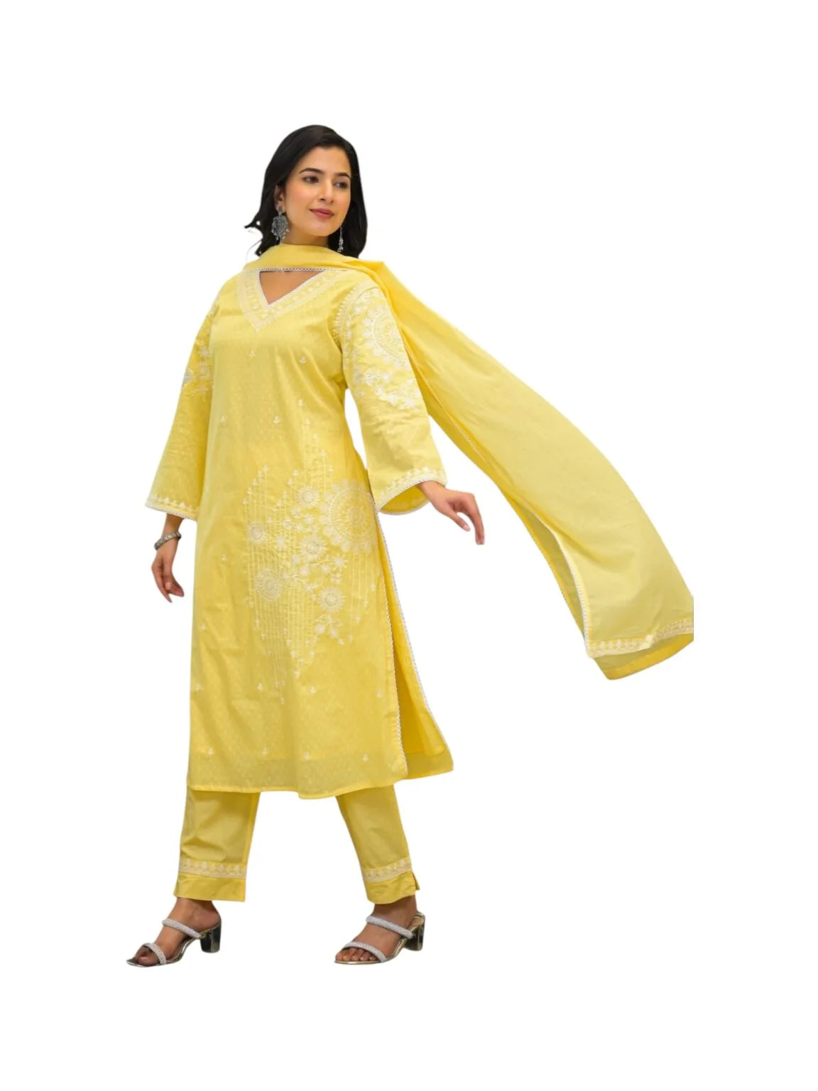 Yellow Cotton Kurta Set with Elegant Threadwork