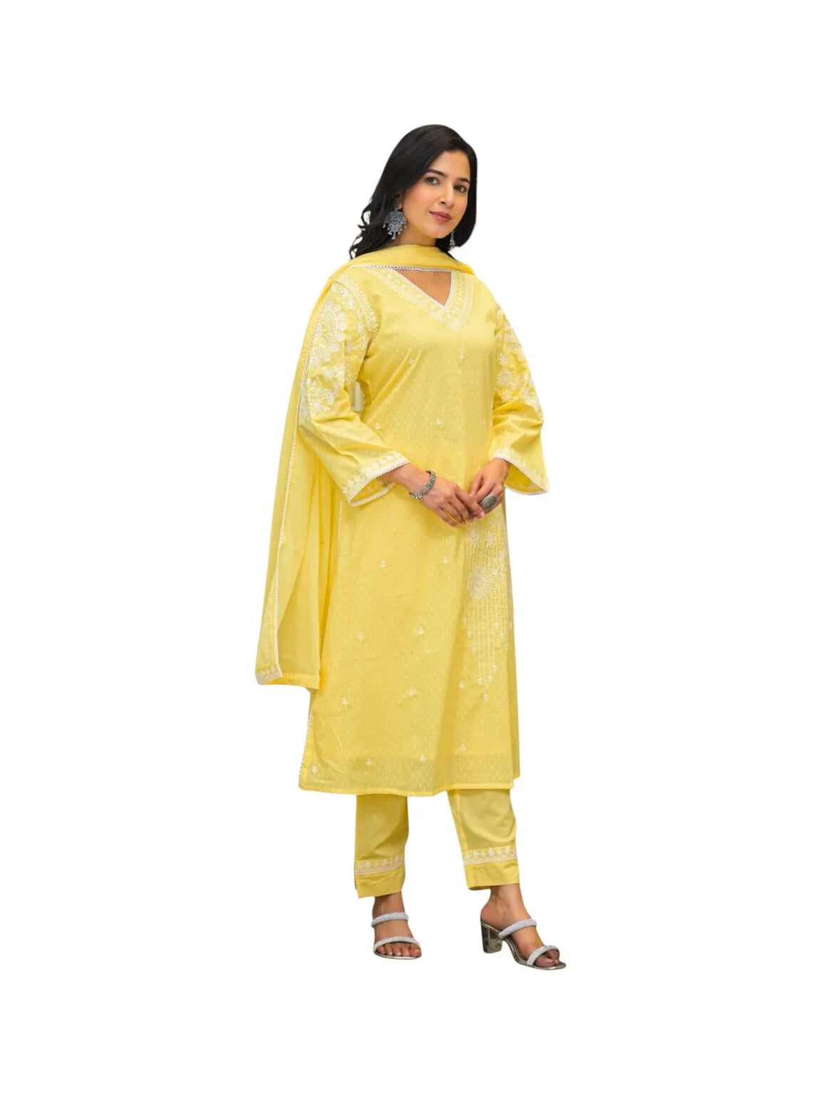 Yellow Cotton Kurta Set with Elegant Threadwork