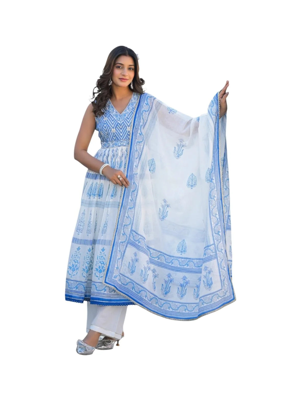 Blue & White Cotton Kurta Set with Abla, Zari & Thread Embellishments