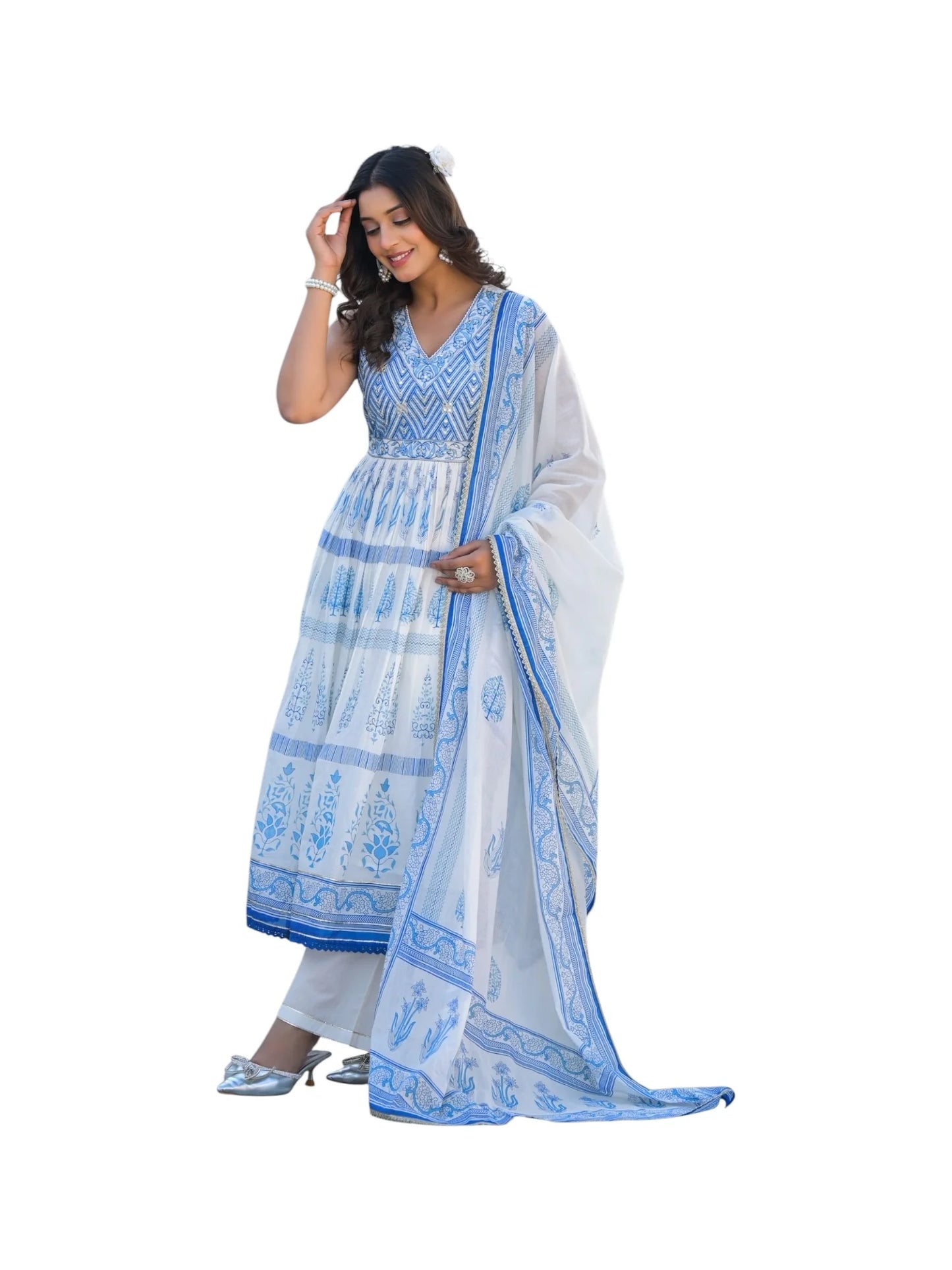 Blue & White Cotton Kurta Set with Abla, Zari & Thread Embellishments