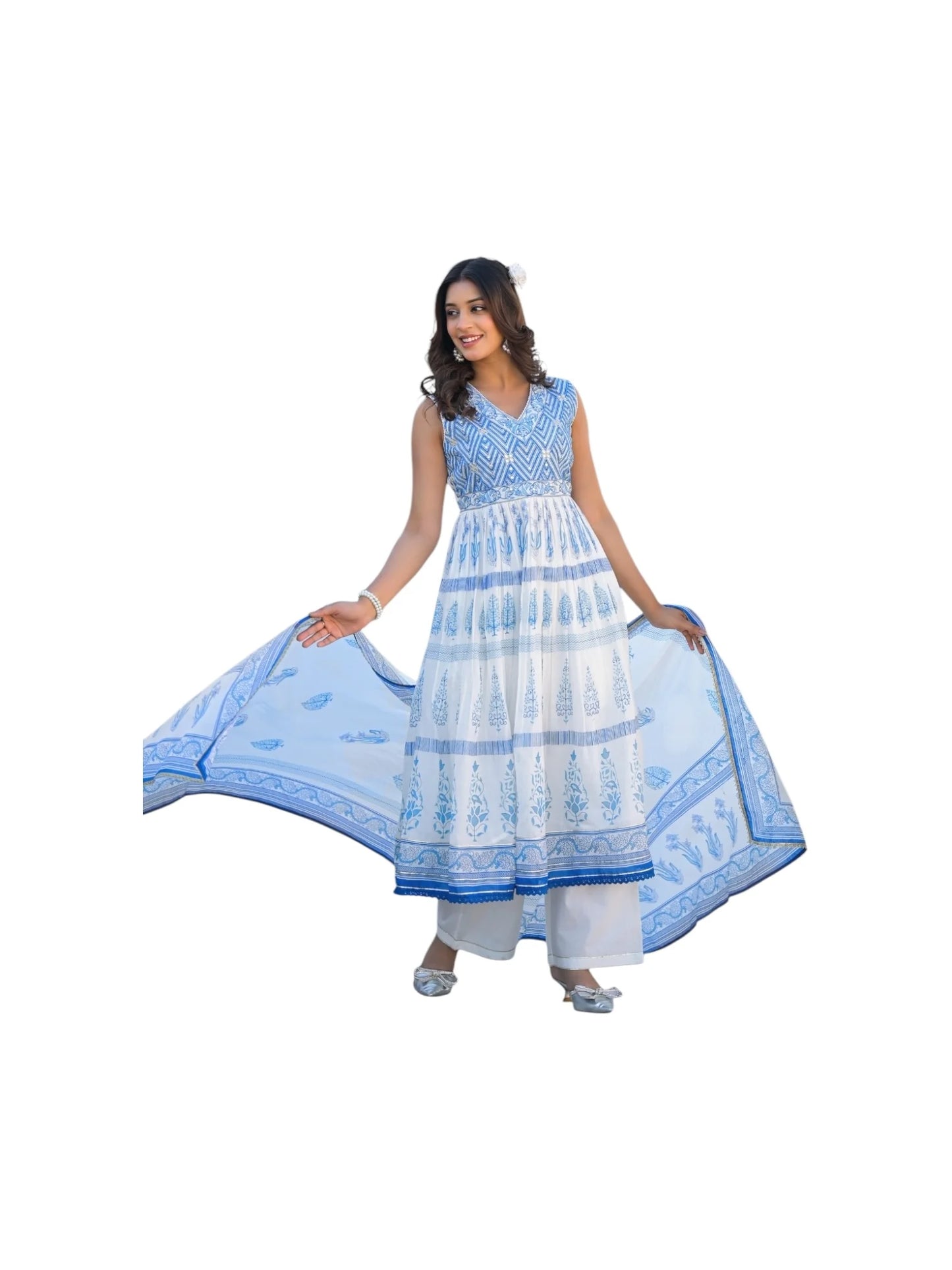 Blue & White Cotton Kurta Set with Abla, Zari & Thread Embellishments
