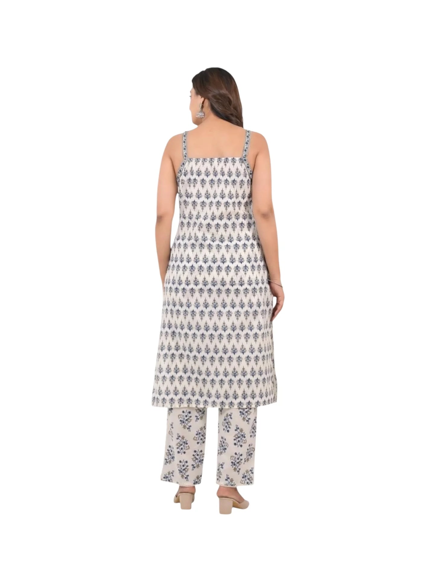 White Cotton Kurta Set with Sequins and Printed Design