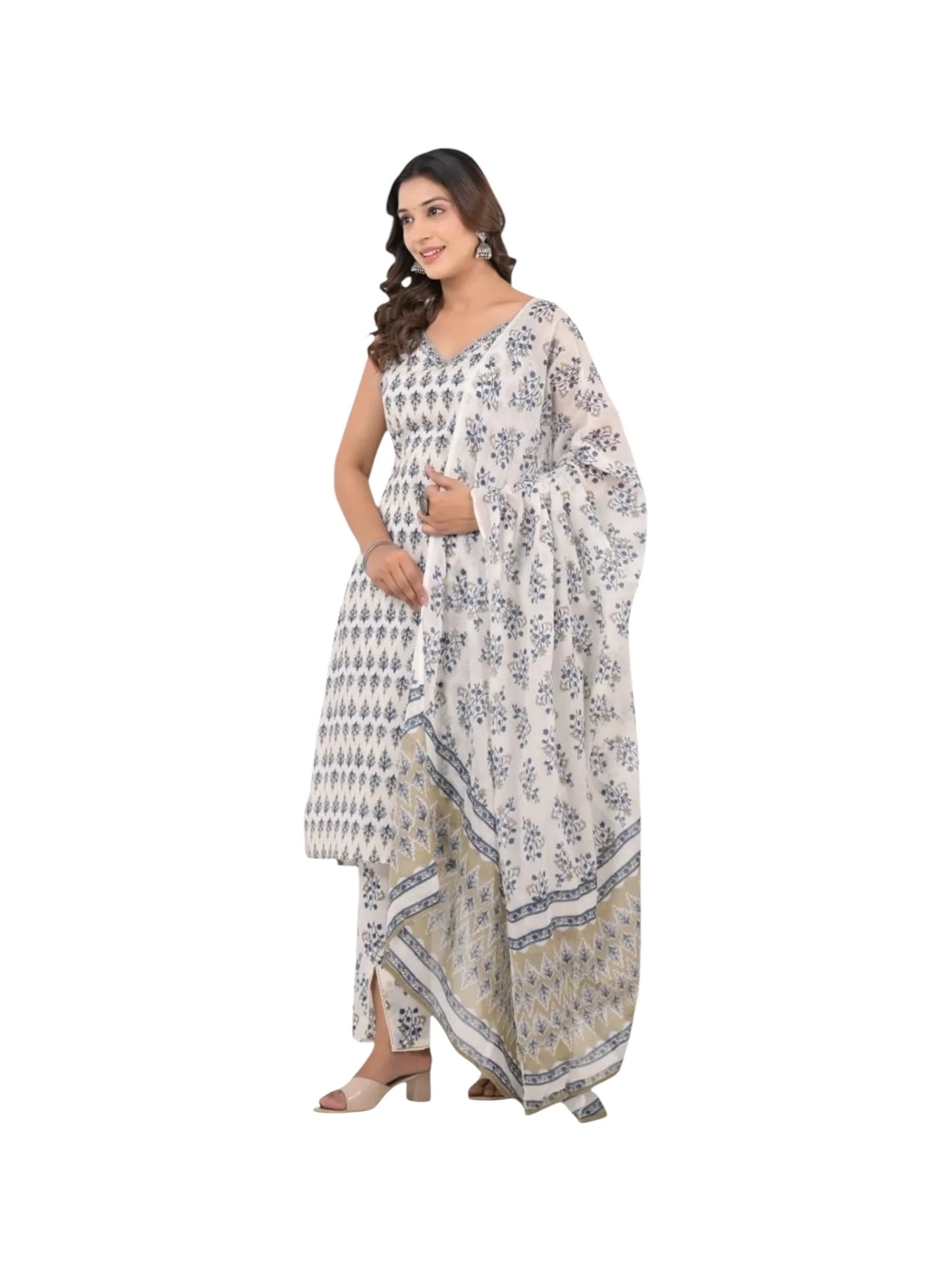 White Cotton Kurta Set with Sequins and Printed Design