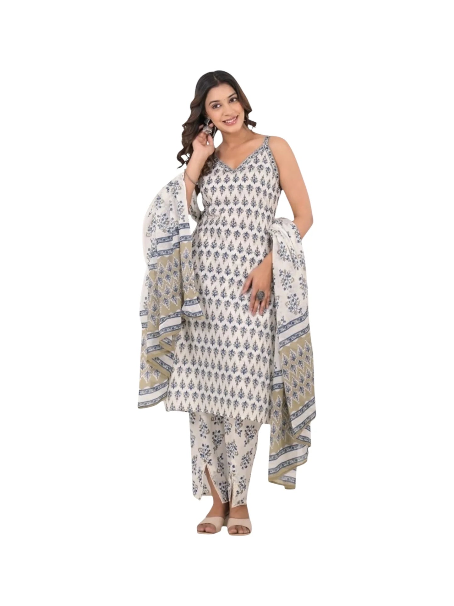 White Cotton Kurta Set with Sequins and Printed Design