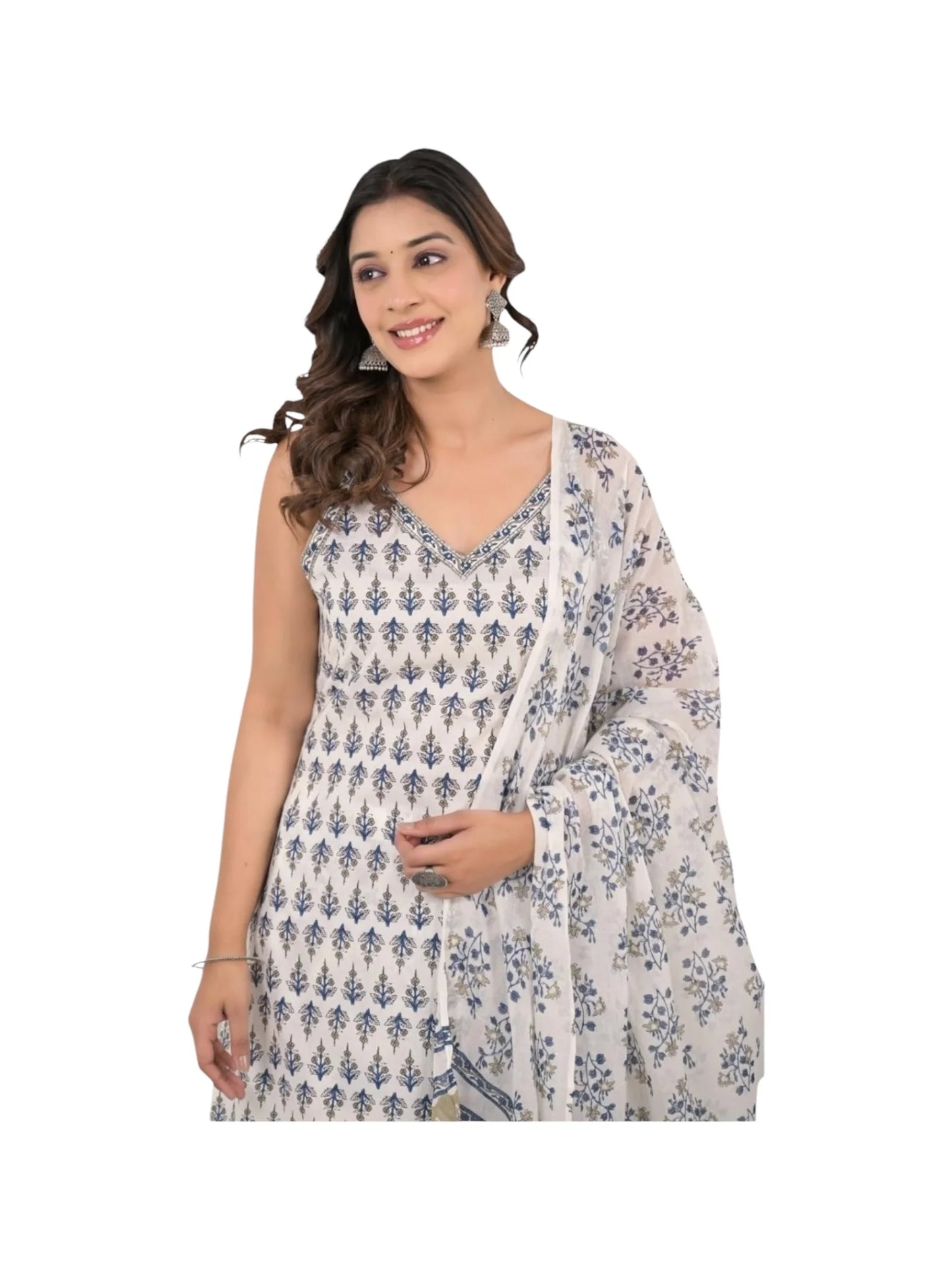 White Cotton Kurta Set with Sequins and Printed Design