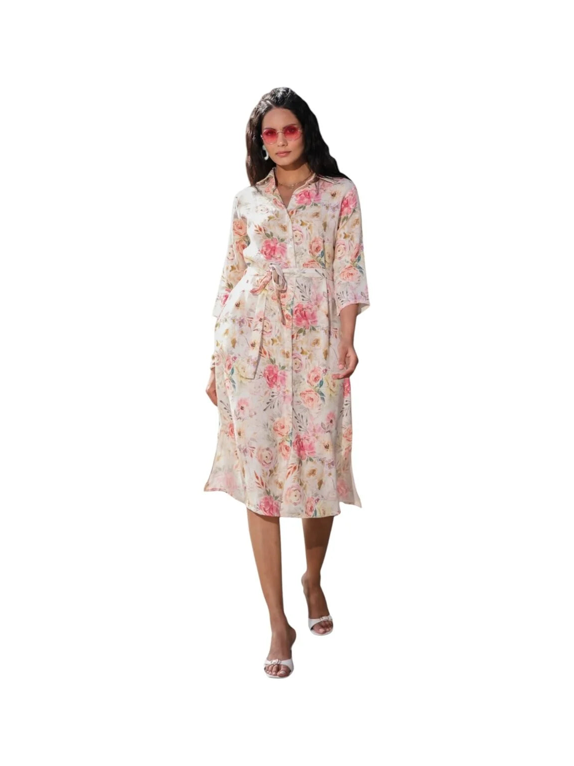 Beige Cotton Kurta with Soft Floral Prints