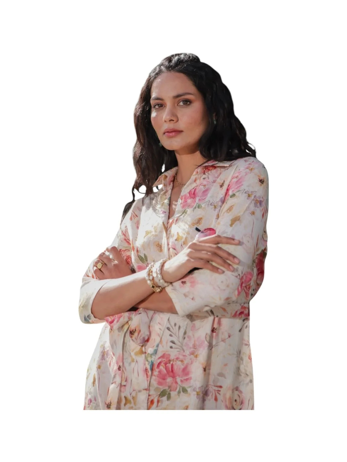 Beige Cotton Kurta with Soft Floral Prints