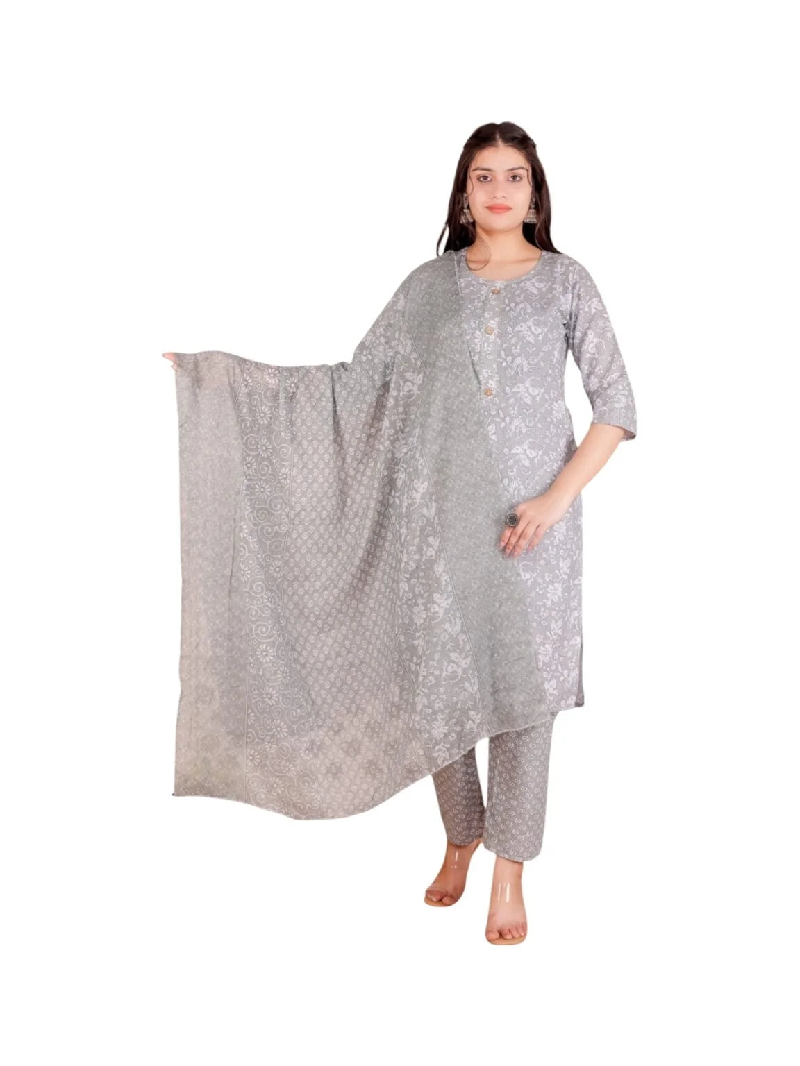 Grey Cotton Printed Kurta Set for Everyday Comfort