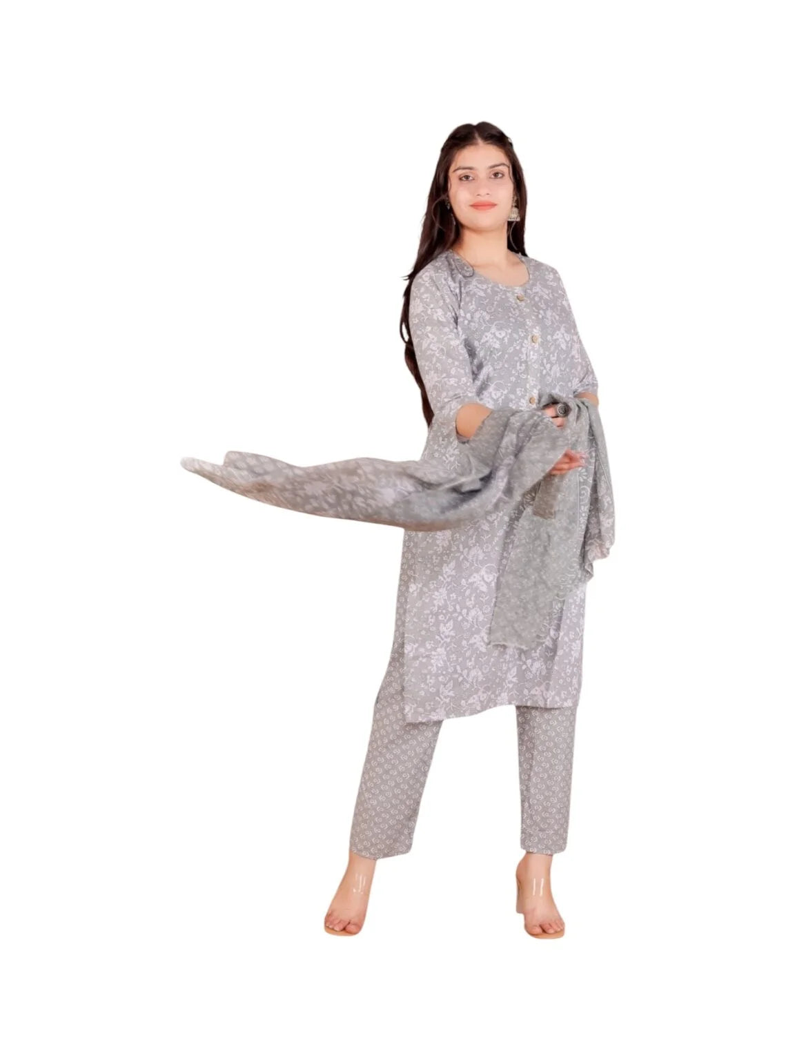 Grey Cotton Printed Kurta Set for Everyday Comfort