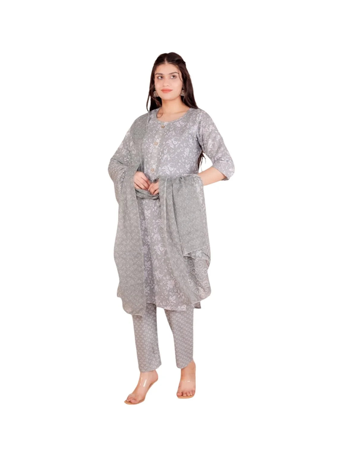 Grey Cotton Printed Kurta Set for Everyday Comfort