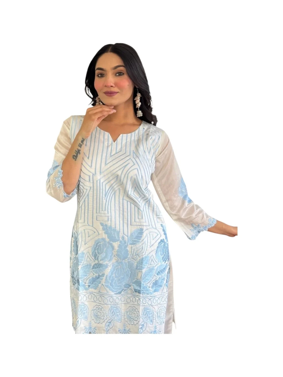 White Cotton Kurta Set with Blue Parsee-Inspired Embroidery