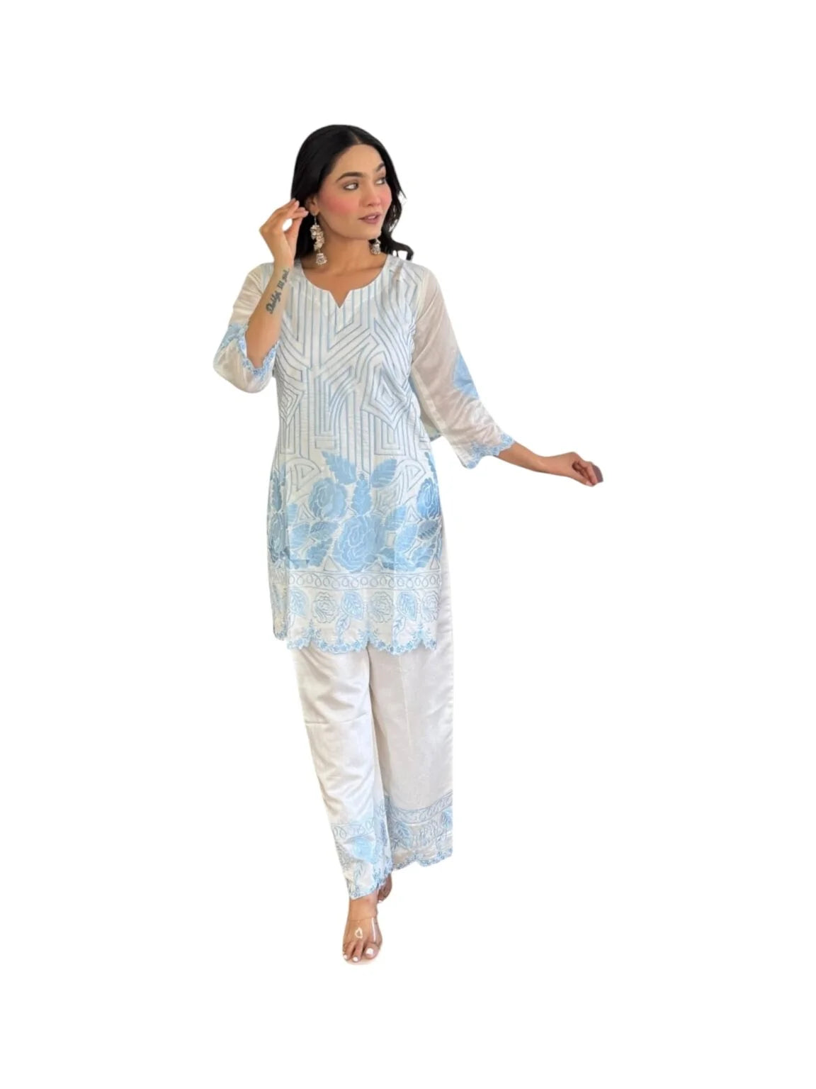 White Cotton Kurta Set with Blue Parsee-Inspired Embroidery