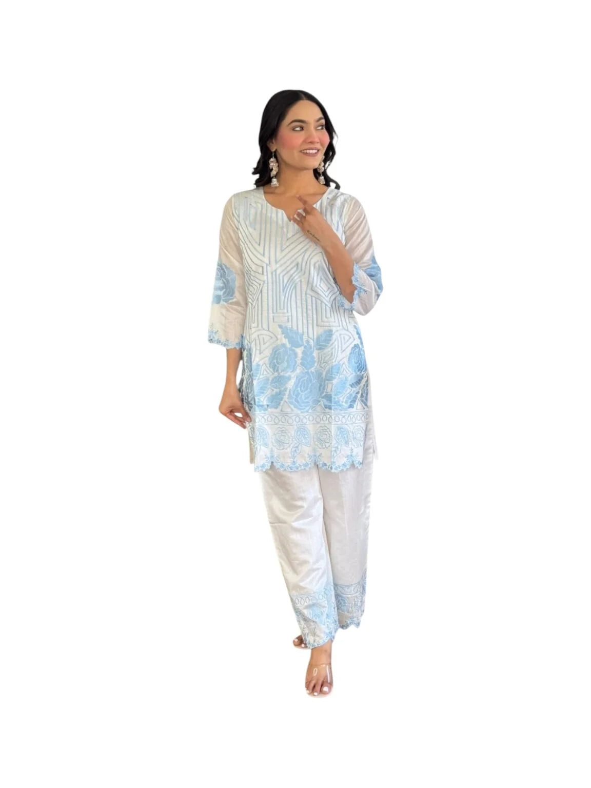 White Cotton Kurta Set with Blue Parsee-Inspired Embroidery