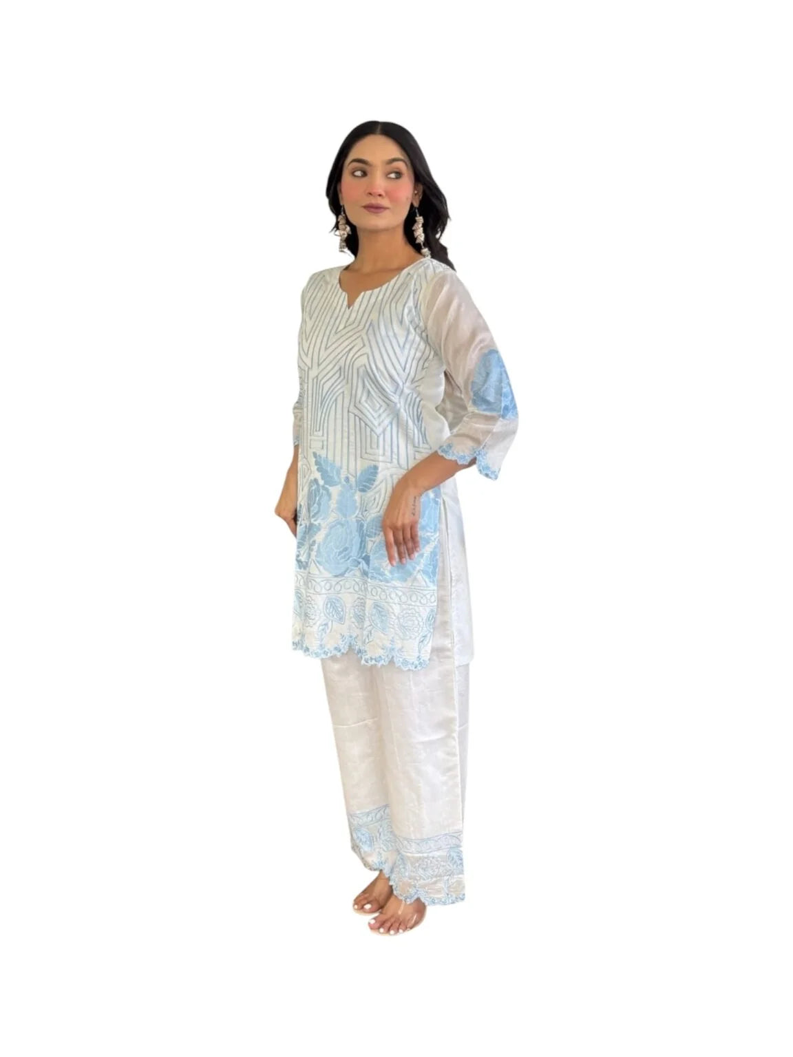 White Cotton Kurta Set with Blue Parsee-Inspired Embroidery