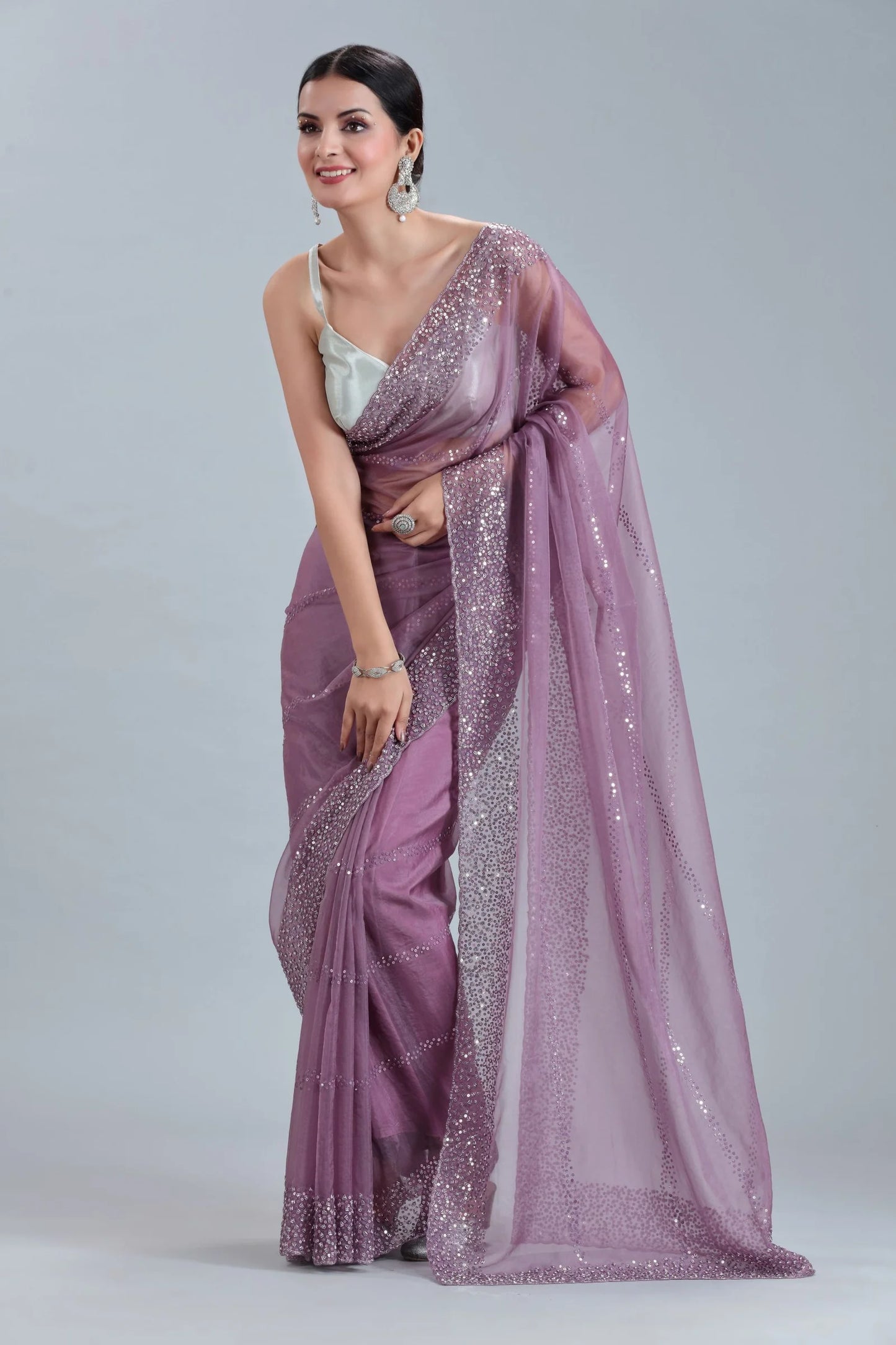 Mauve Organza Saree with Sequins, Cutdana & Stone Embellishments