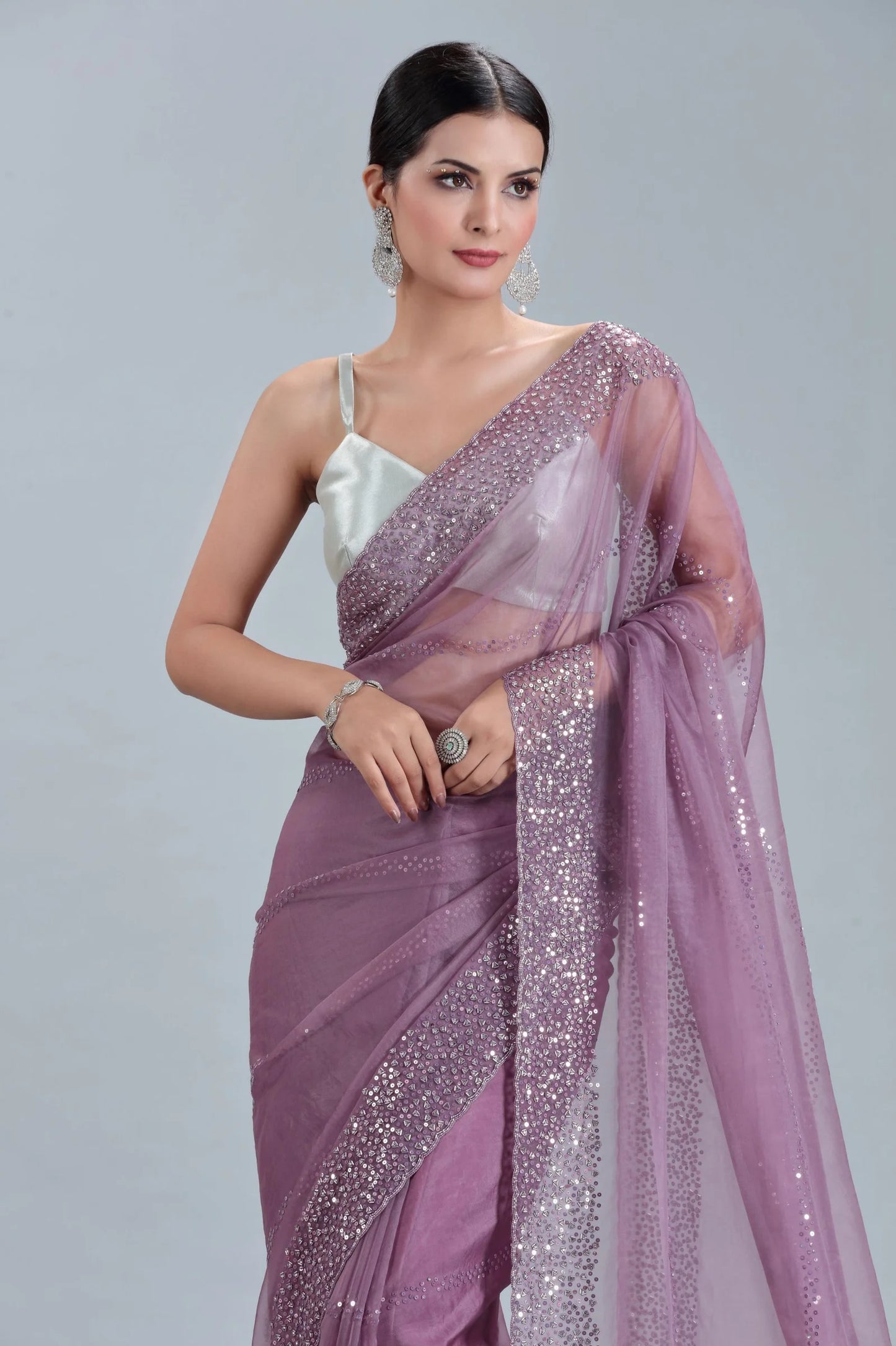 Mauve Organza Saree with Sequins, Cutdana & Stone Embellishments