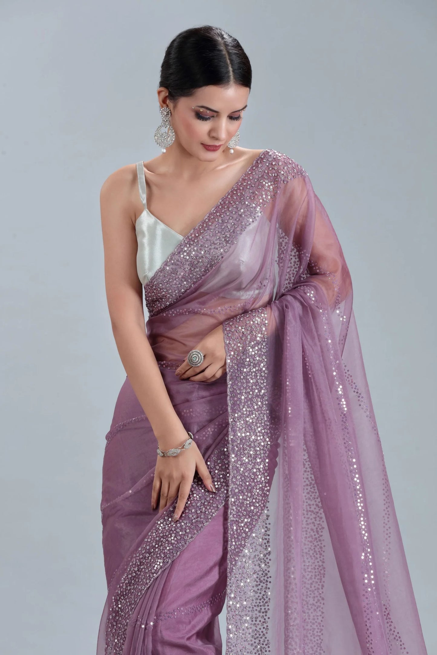 Mauve Organza Saree with Sequins, Cutdana & Stone Embellishments