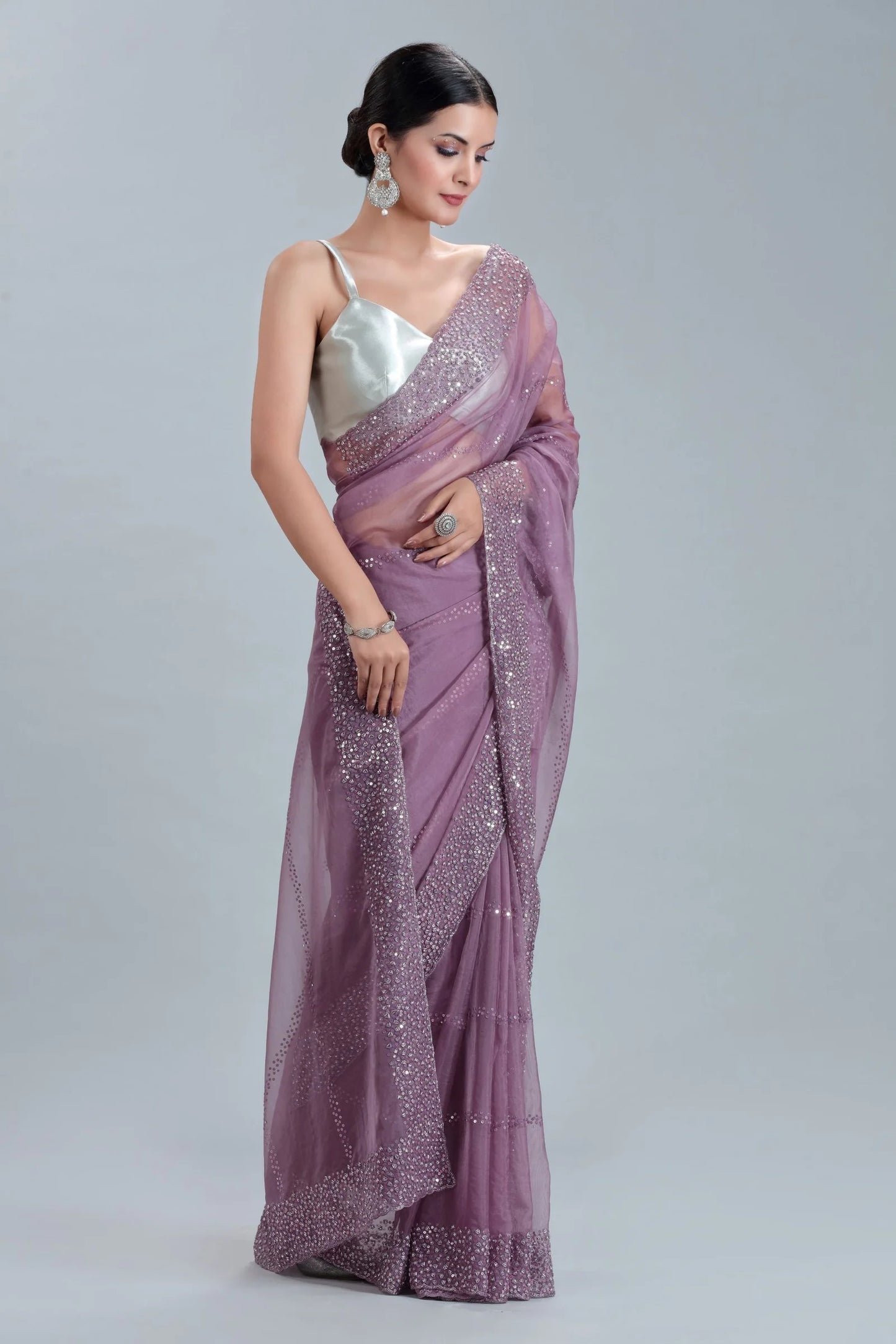 Mauve Organza Saree with Sequins, Cutdana & Stone Embellishments