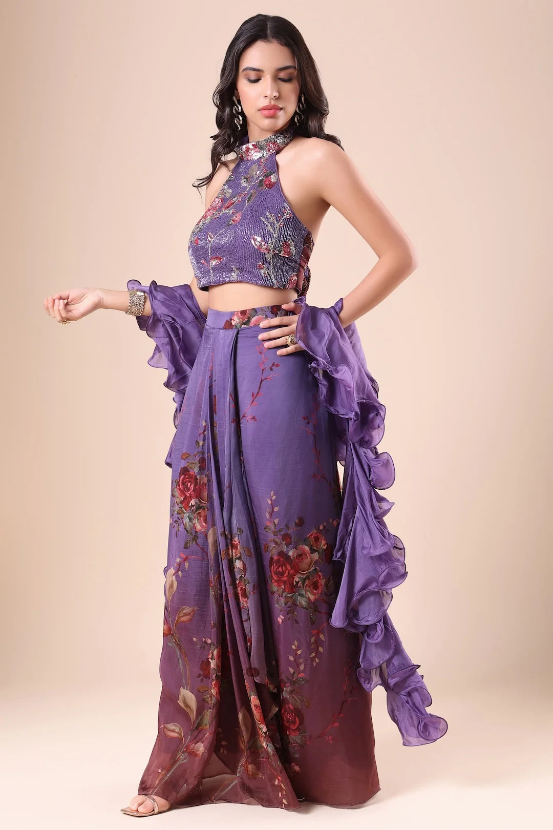Purple Embroidered Organza Skirt and Top Indowestern Lehenga Set