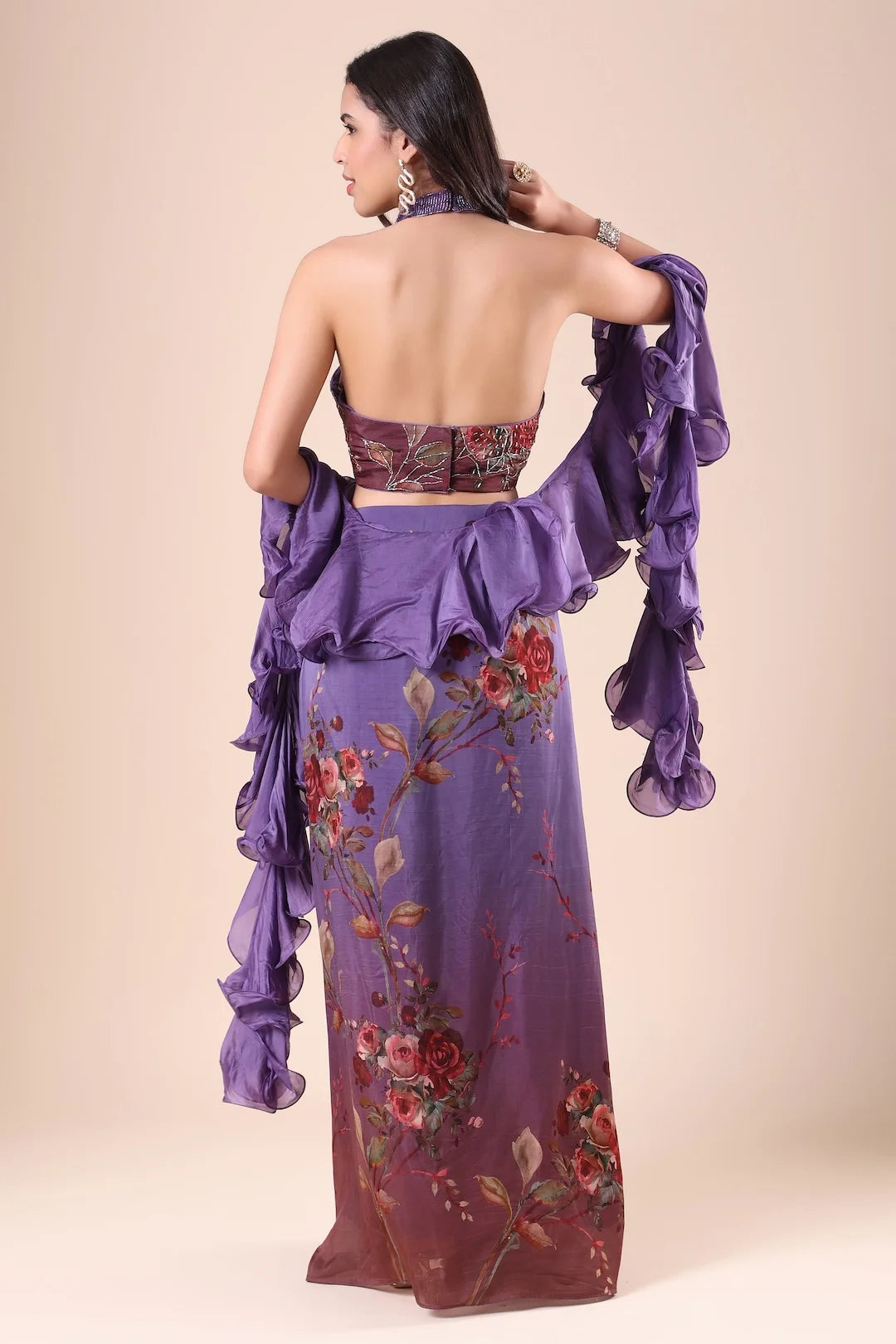 Purple Embroidered Organza Skirt and Top Indowestern Lehenga Set