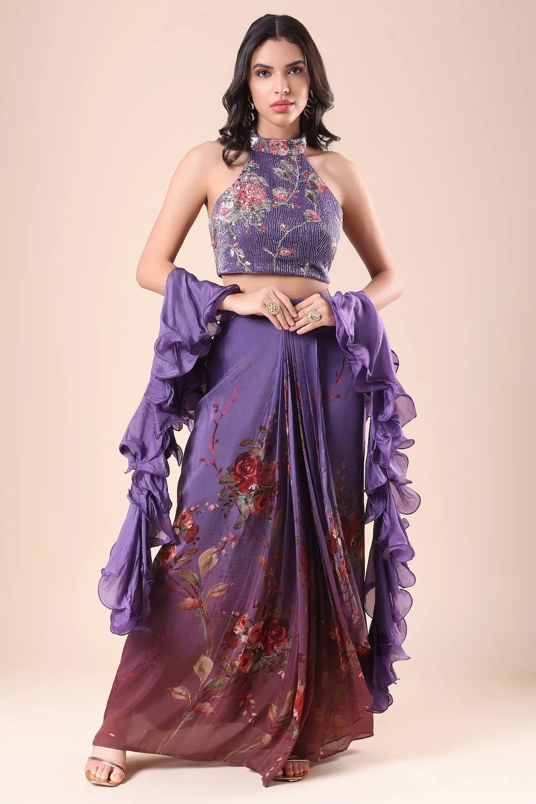 Purple Embroidered Organza Skirt and Top Indowestern Lehenga Set