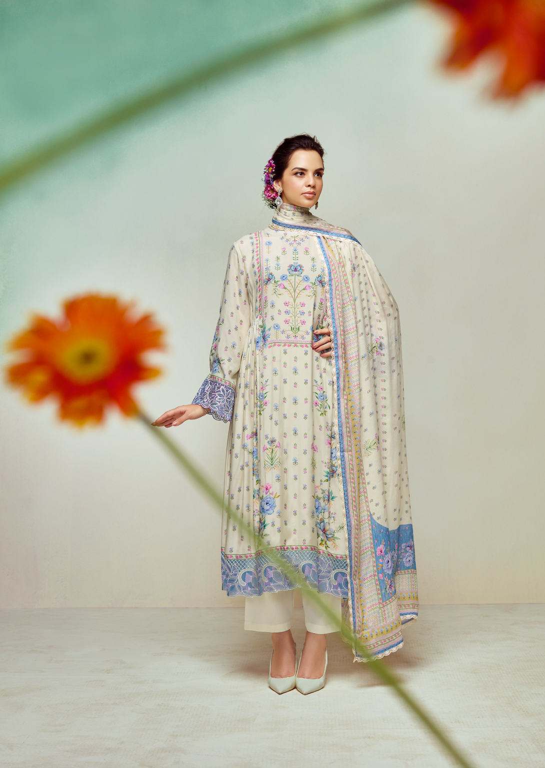 White Printed Unstitched Cotton Kurta Set