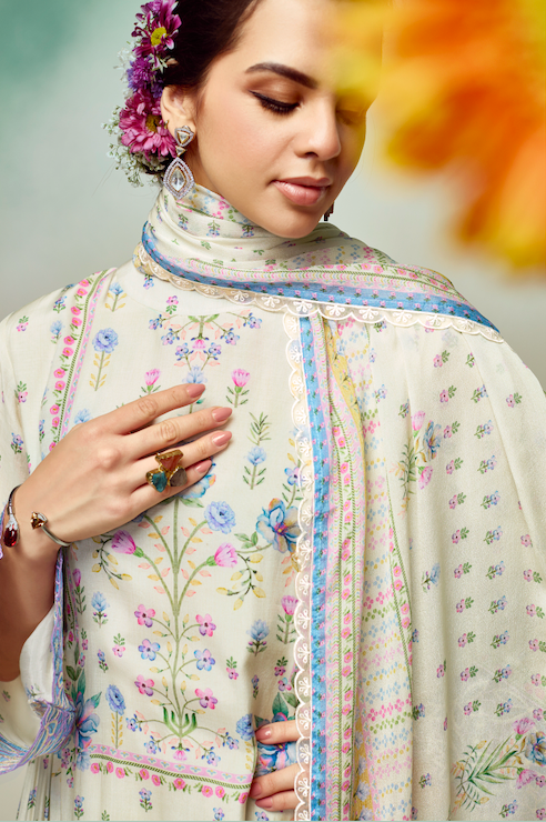 White Printed Unstitched Cotton Kurta Set