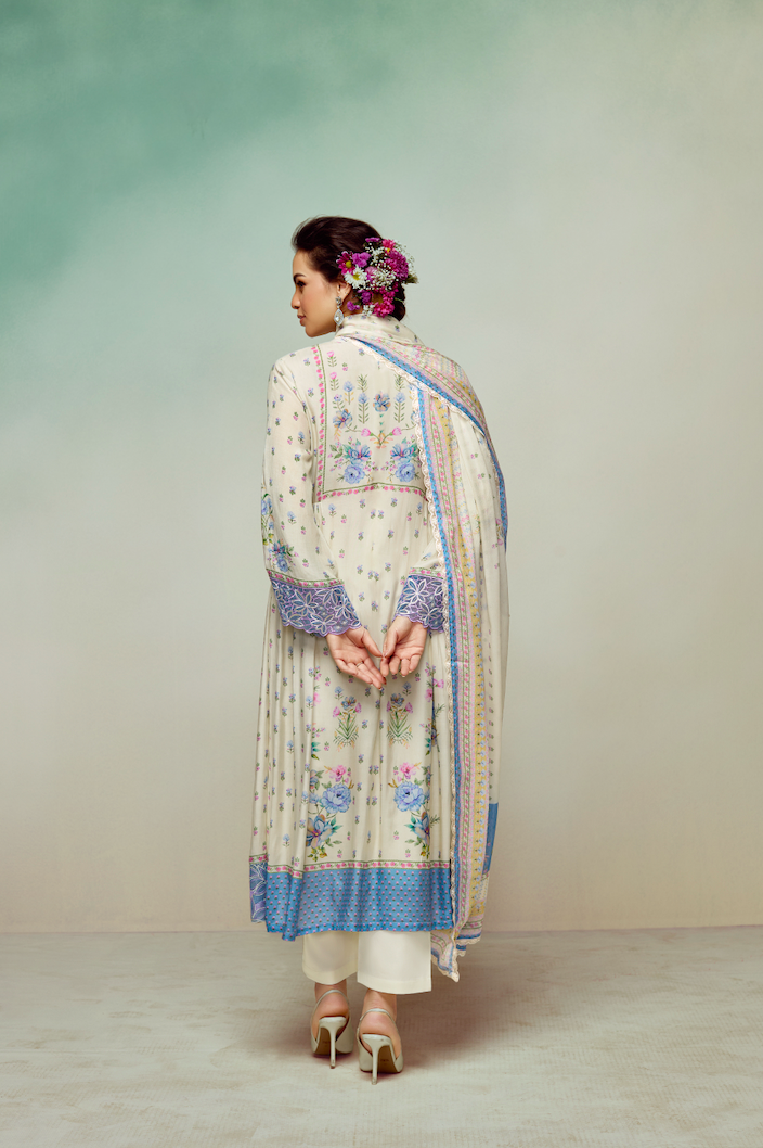 White Printed Unstitched Cotton Kurta Set