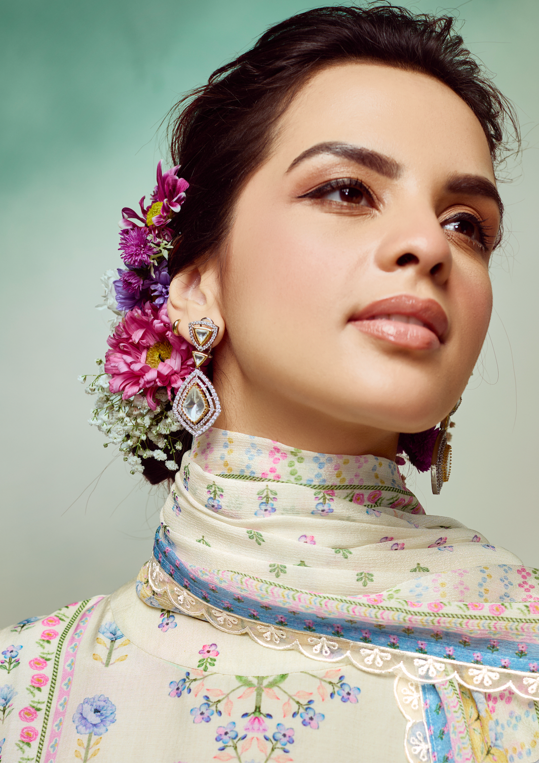 White Printed Unstitched Cotton Kurta Set