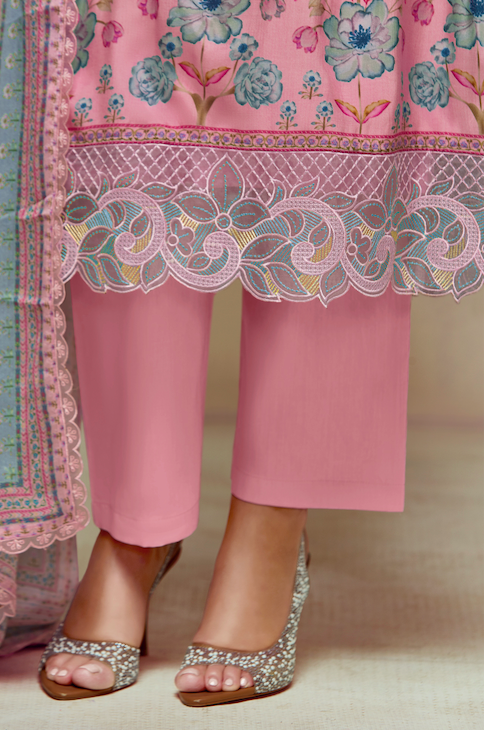 Pink Printed Unstitched Cotton Kurta Set