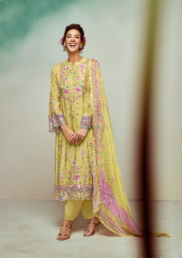 Yellow Floral Printed Straight unstitched Kurta Set